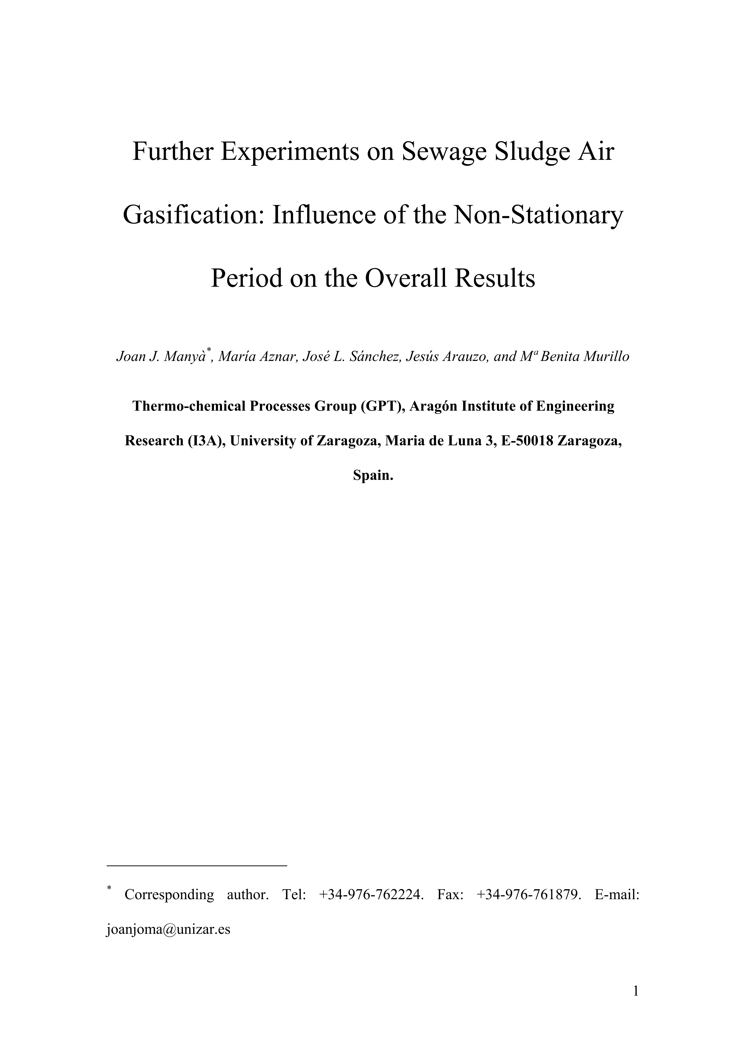 Further experiments on sewage sludge air gasification: Influence of the nonstationary period on the overall results