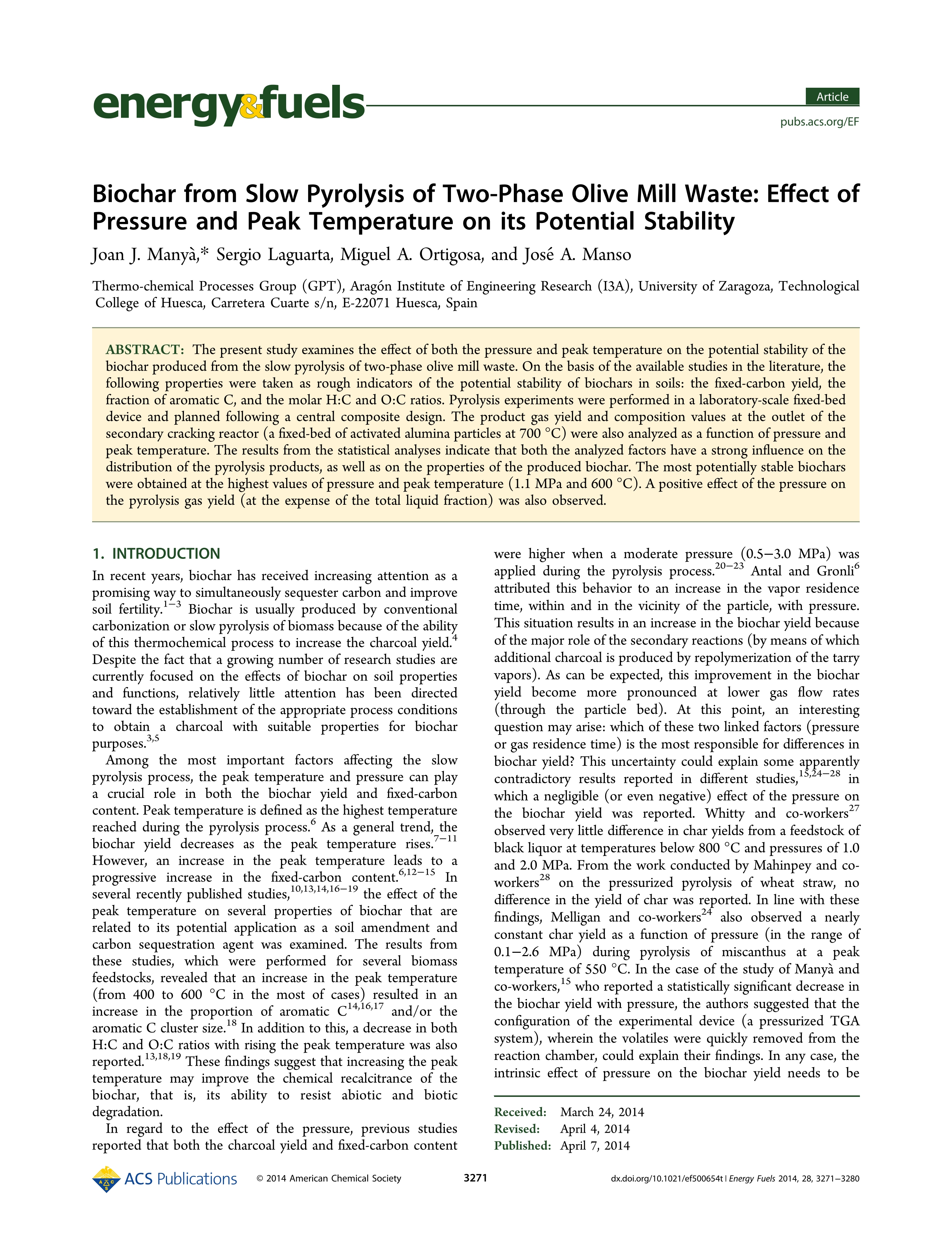 Biochar from slow pyrolysis of two-phase olive mill waste: Effect of pressure and peak temperature on its potential stability