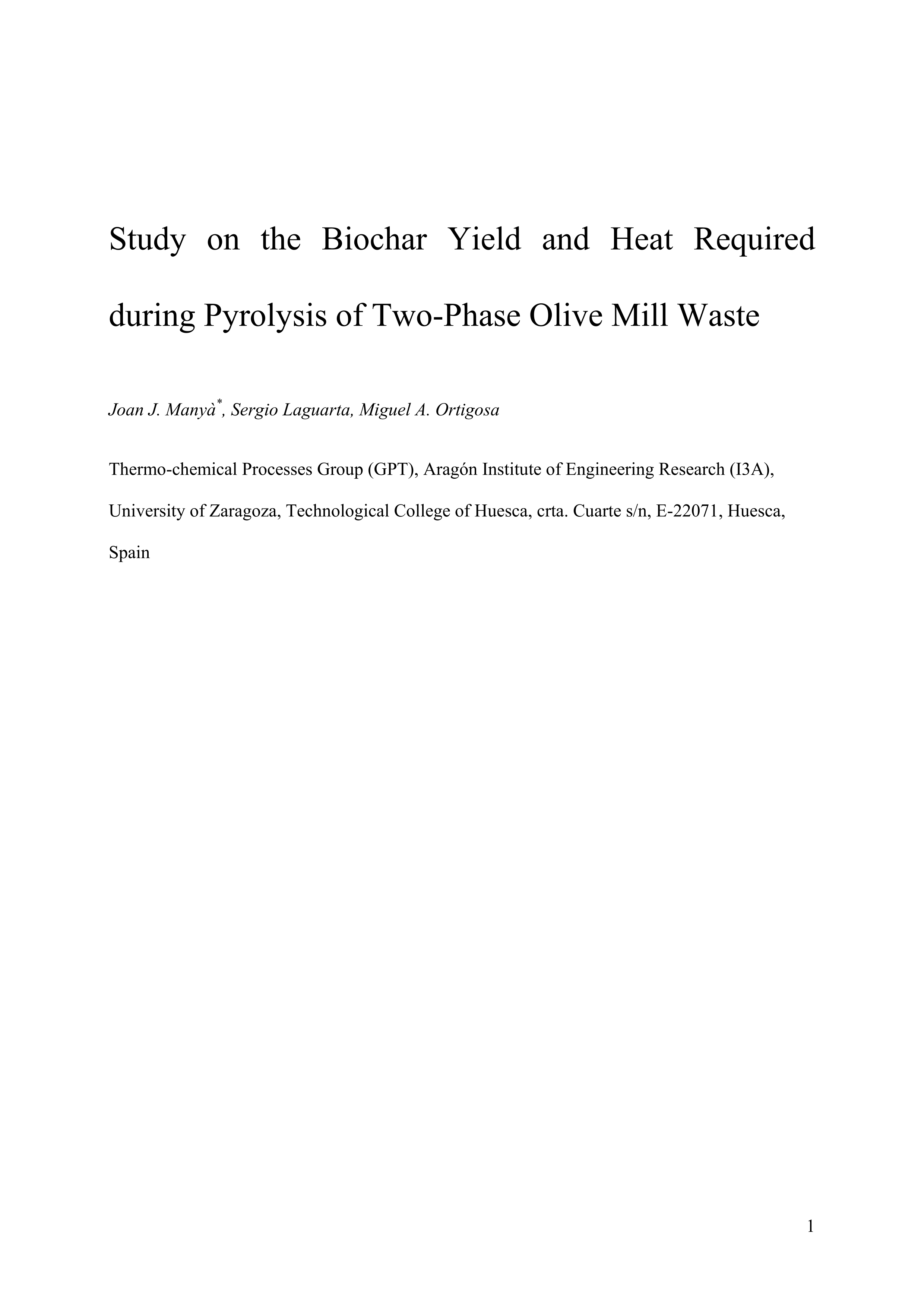 Study on the biochar yield and heat required during pyrolysis of two-phase olive mill waste