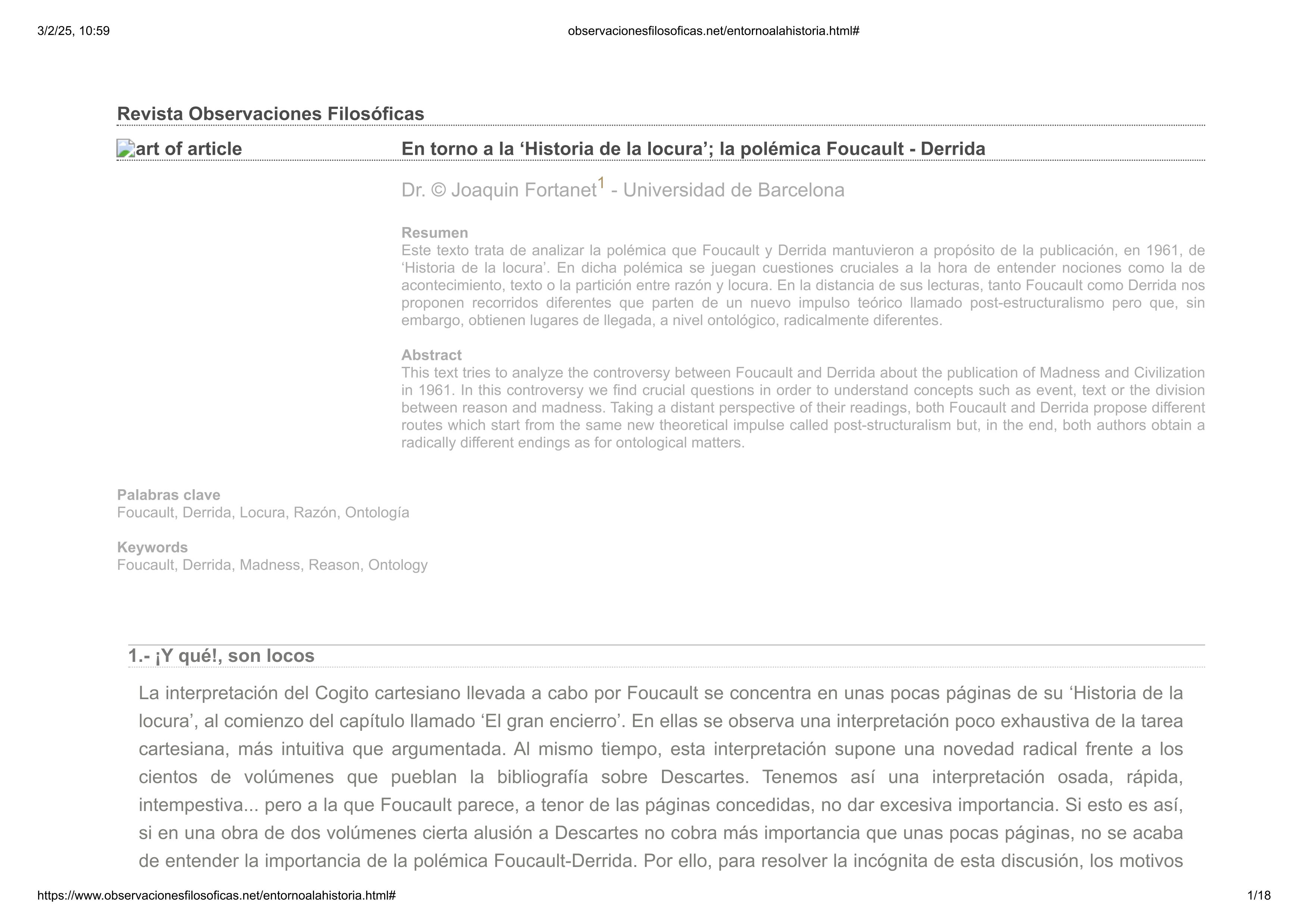 En torno a historia de la locura; la polémica Foucault - Derrida