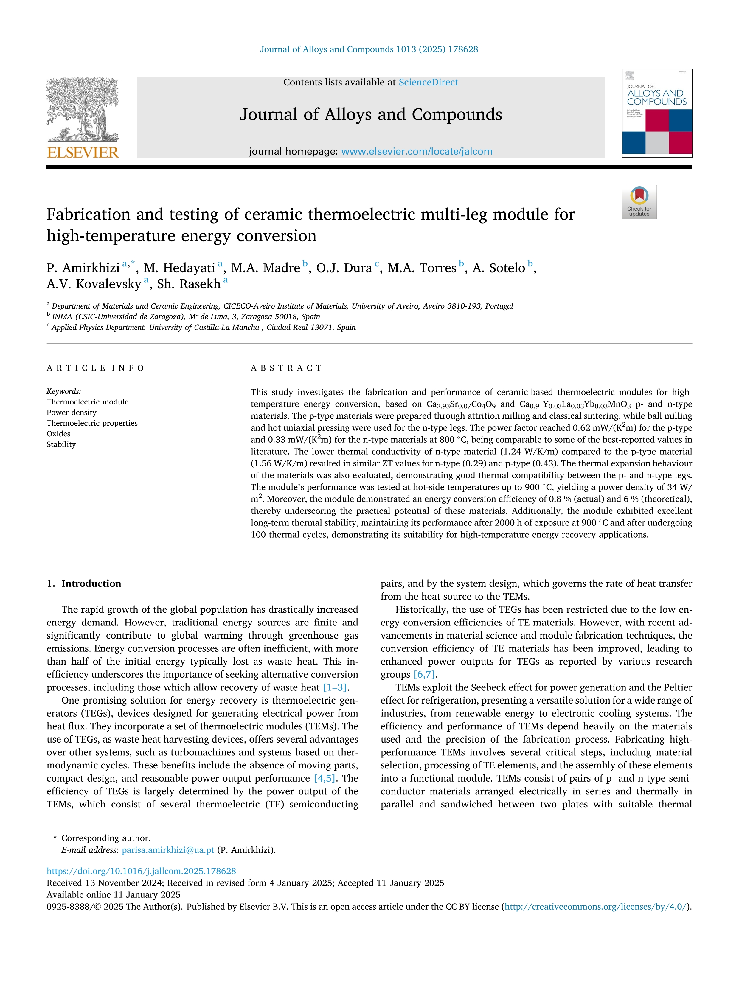 Fabrication and testing of ceramic thermoelectric multi-leg module for high-temperature energy conversion