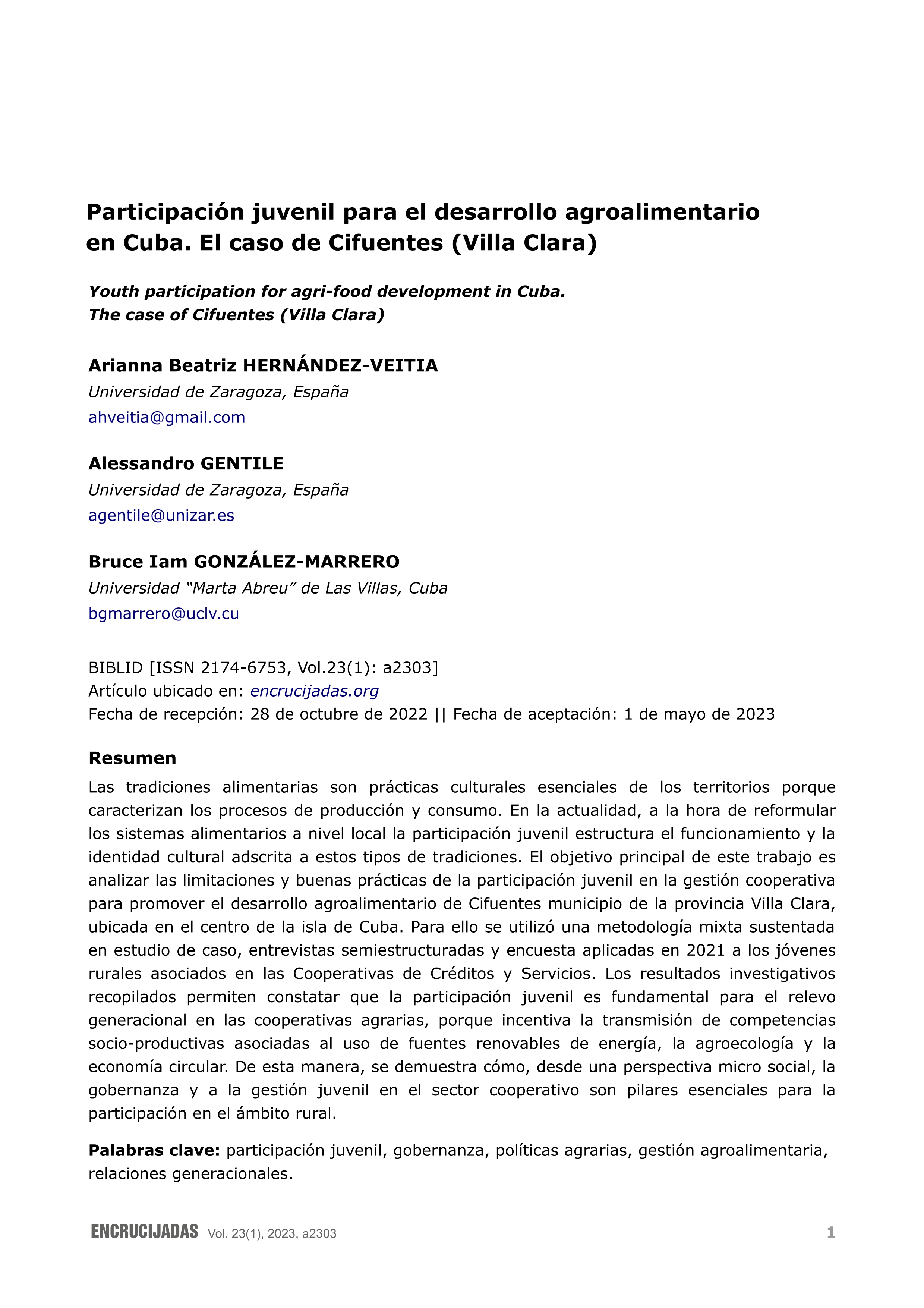 Participación juvenil para el desarrollo agroalimentario en Cuba. El caso de Cifuentes (Villa Clara)