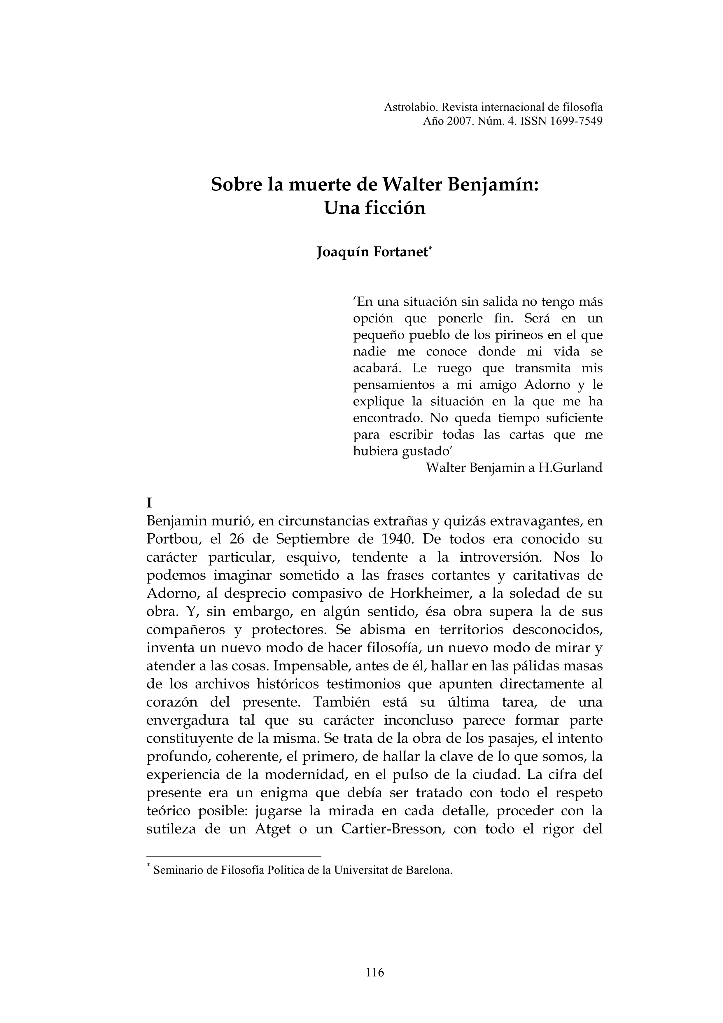 Sobre la muerte de Walter Benjamin: una ficción