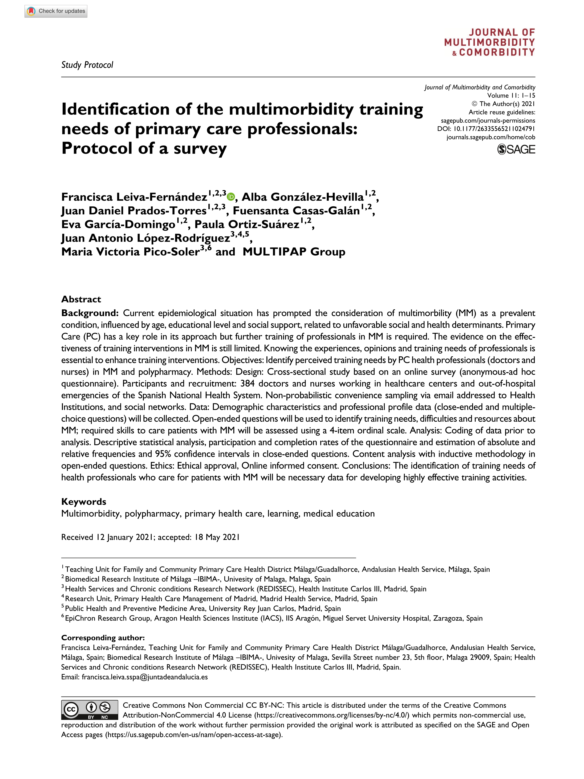 Identification of the multimorbidity training needs of primary care professionals: Protocol of a survey