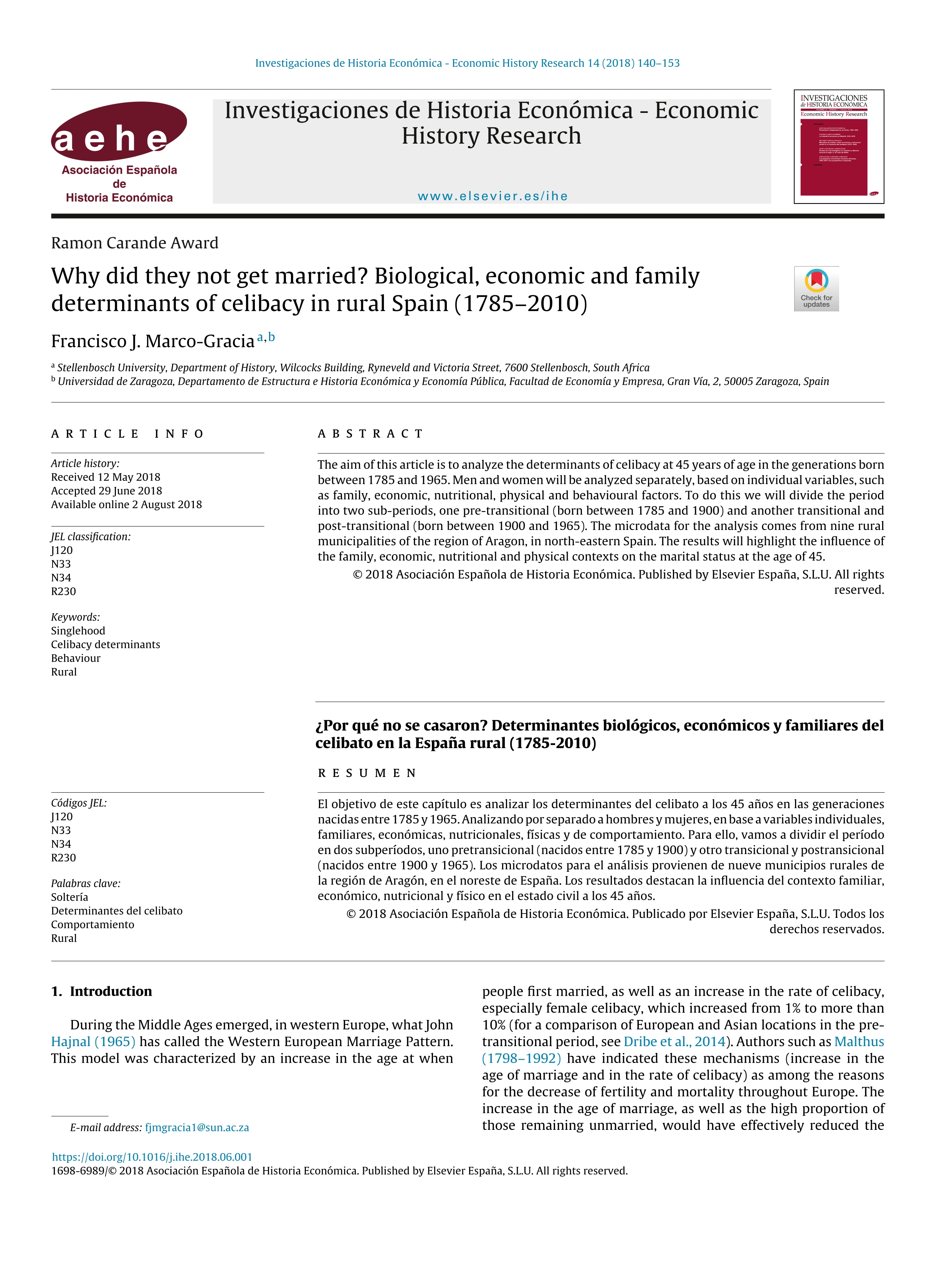 Why did they not get married? Biological, economic and family determinants of celibacy in rural Spain (1785–2010)