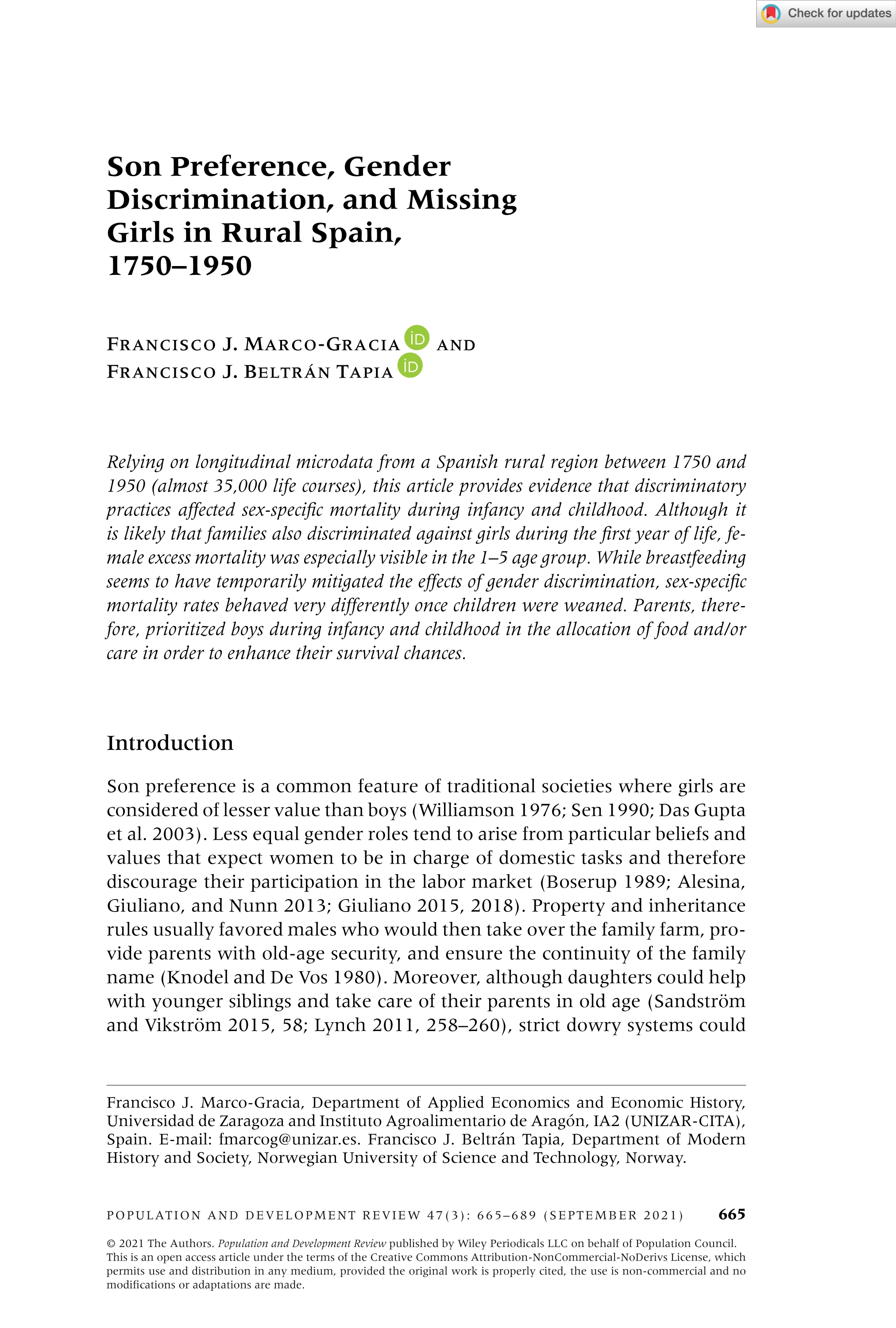Son preference, gender discrimination, and missing girls in rural Spain, 1750–1950
