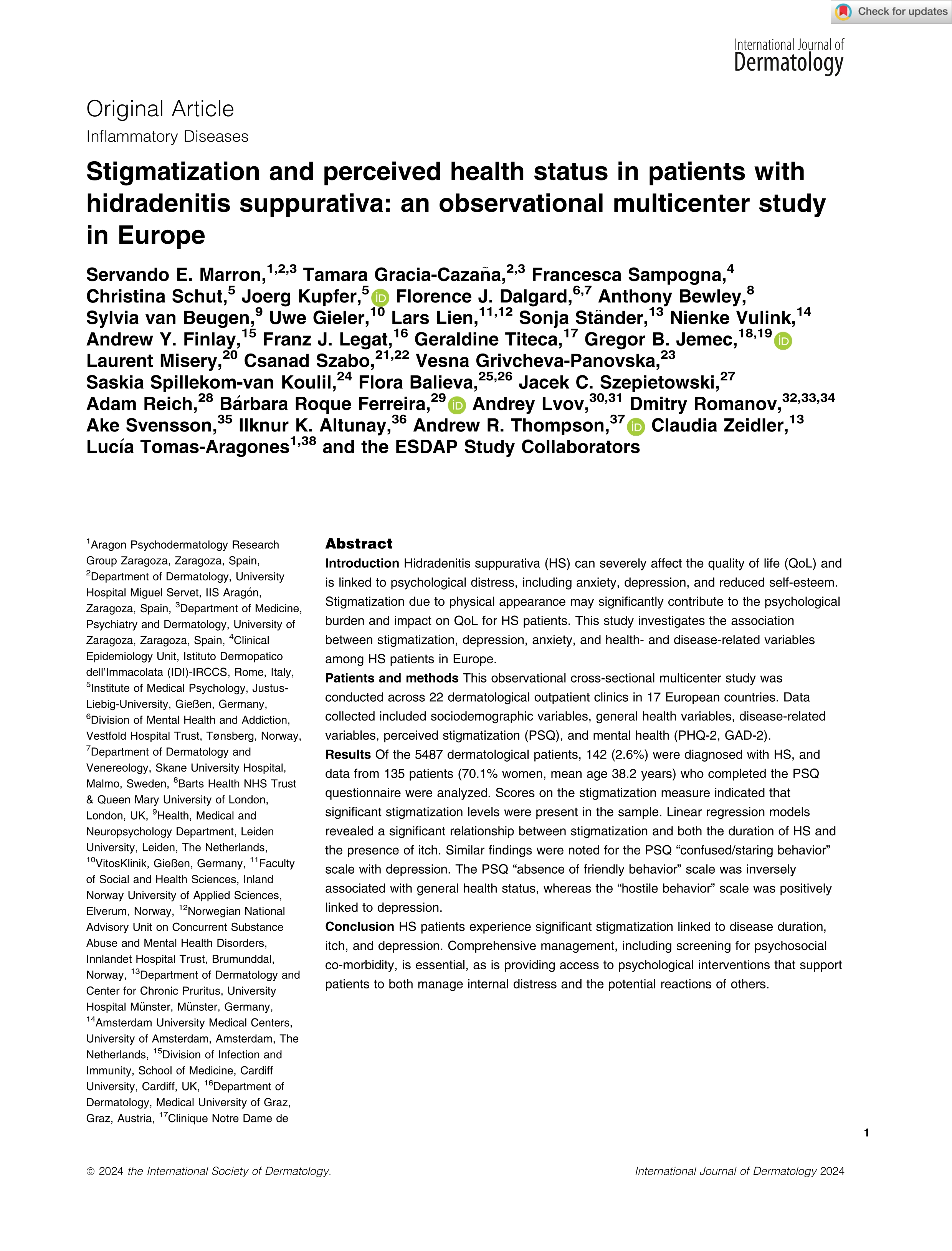 Stigmatization and perceived health status in patients with hidradenitis suppurativa: an observational multicenter study in Europe