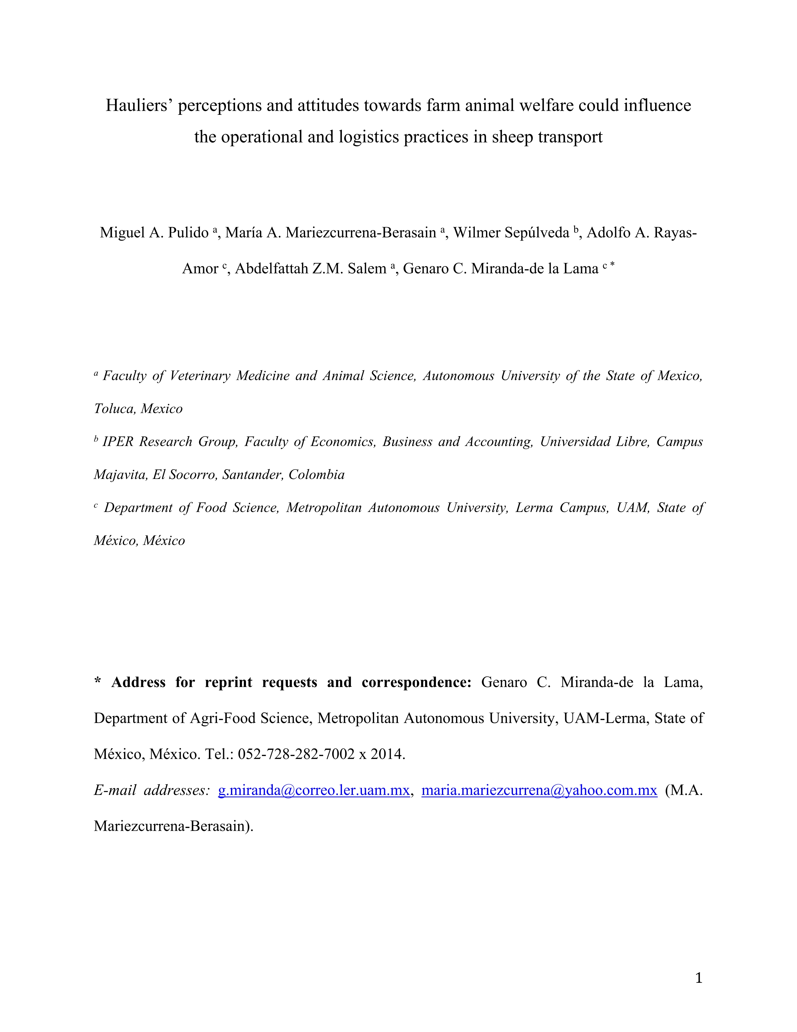 Hauliers' perceptions and attitudes towards farm animal welfare could influence the operational and logistics practices in sheep transport
