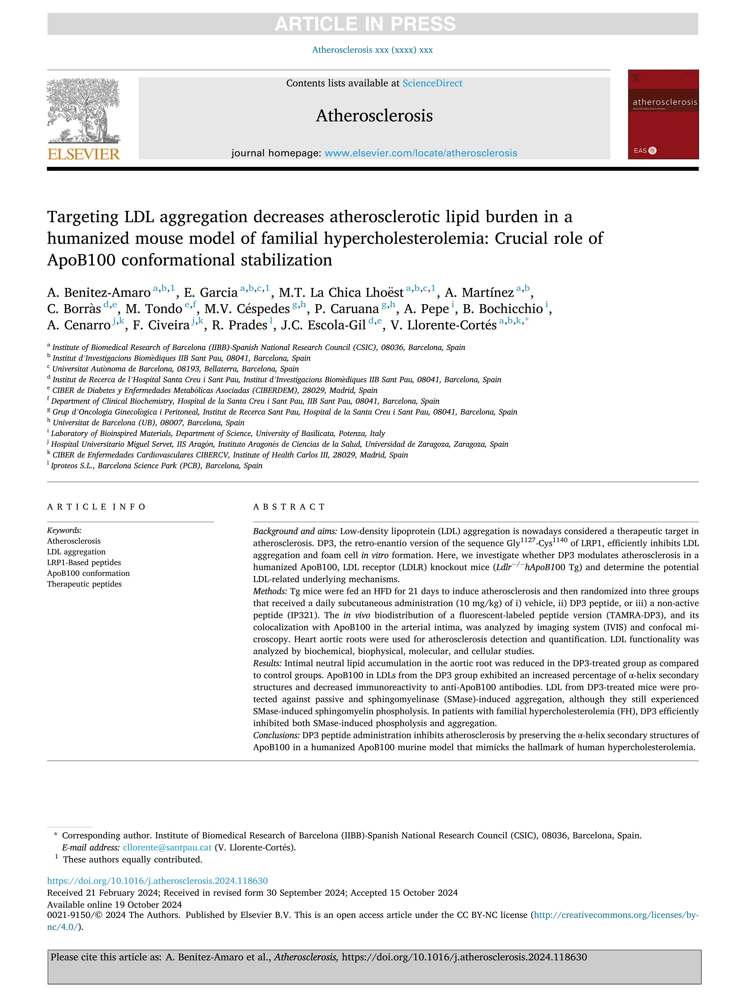 Targeting LDL aggregation decreases atherosclerotic lipid burden in a humanized mouse model of familial hypercholesterolemia: Crucial role of ApoB100 conformational stabilization