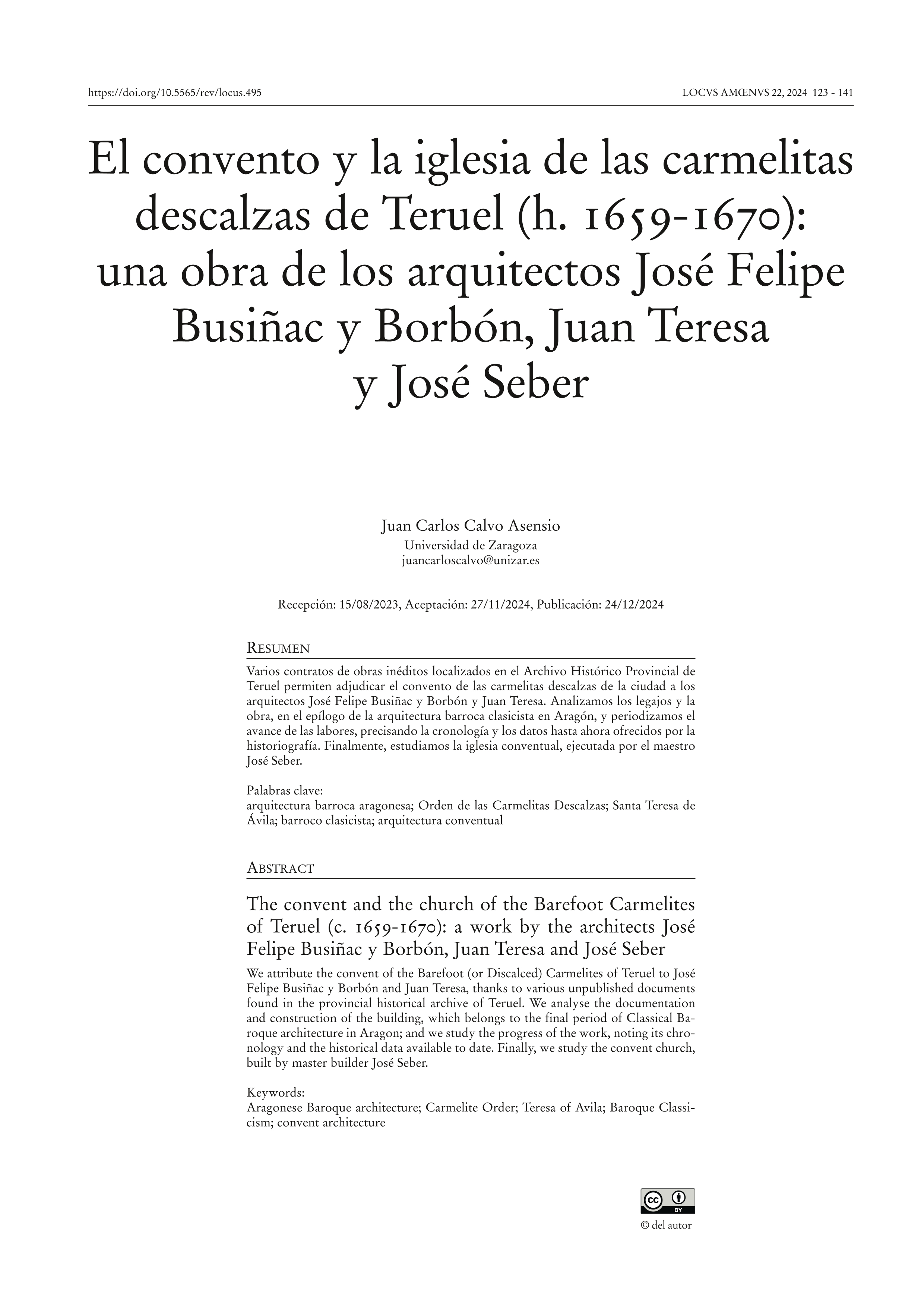 El convento y la iglesia de las carmelitas descalzas de Teruel (h. 1659-1670): una obra de los arquitectos José Felipe Busiñac y Borbón, Juan Teresa y José Seber