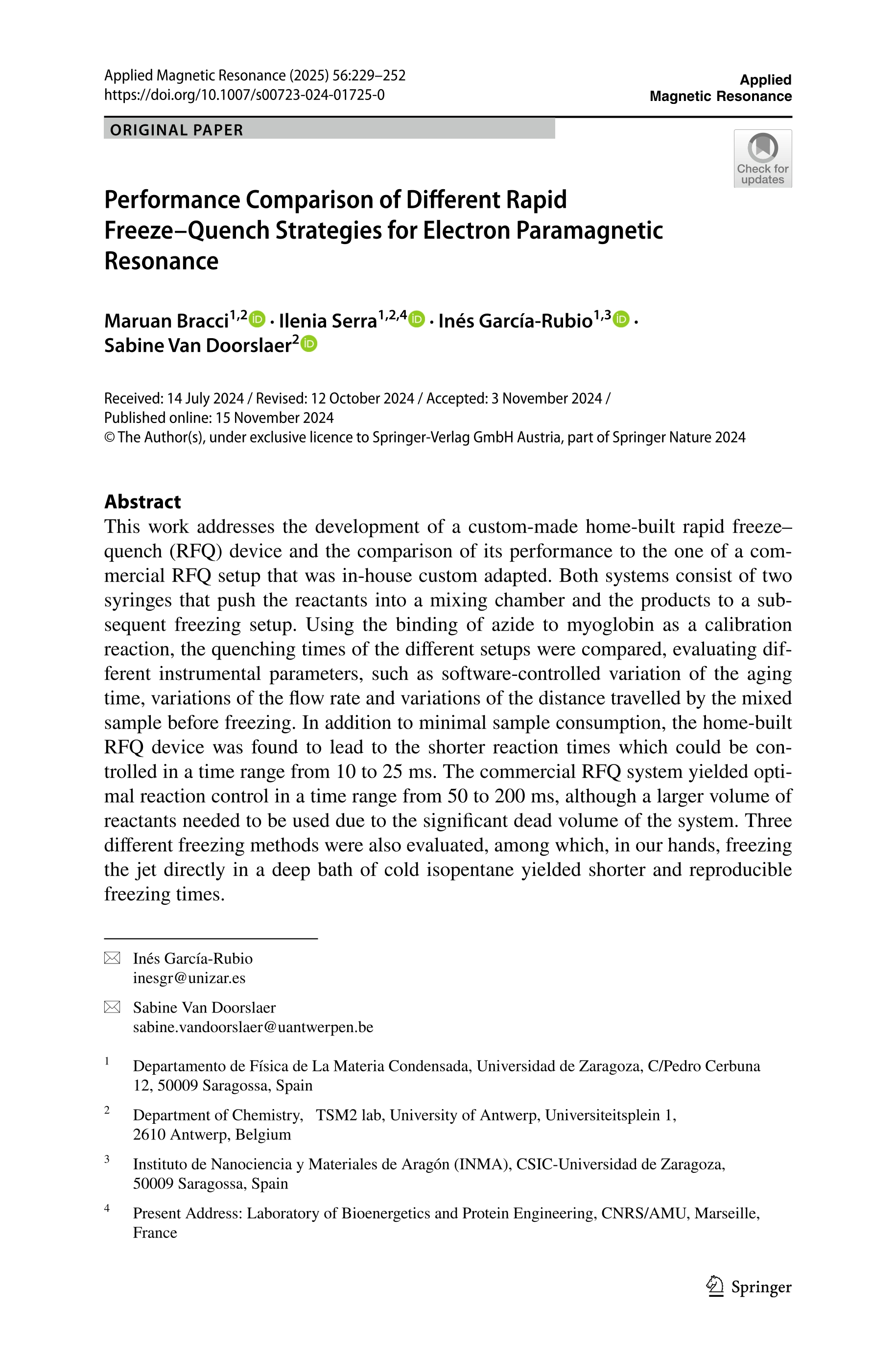 Performance Comparison of Different Rapid Freeze–Quench Strategies for Electron Paramagnetic Resonance