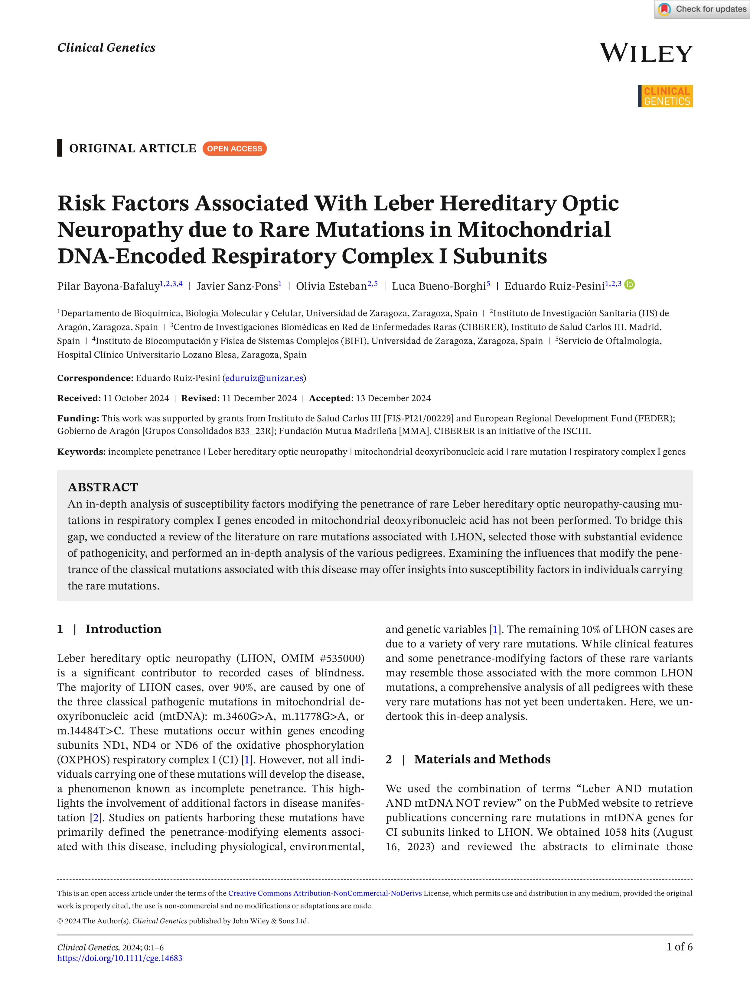 Risk Factors Associated With Leber Hereditary Optic Neuropathy due to Rare Mutations in Mitochondrial <scp>DNA</scp>-Encoded Respiratory Complex I Subunits