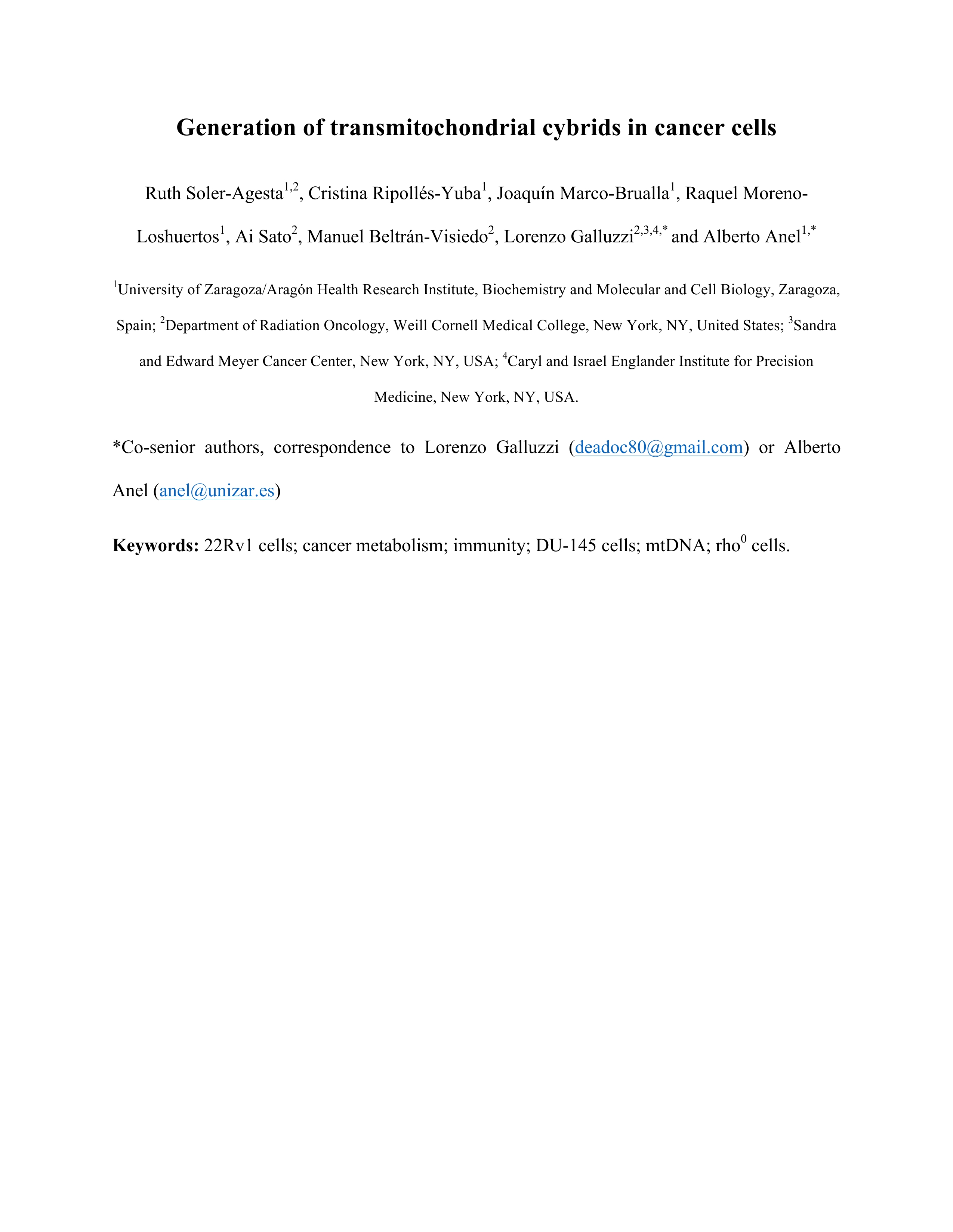 Generation of transmitochondrial cybrids in cancer cells