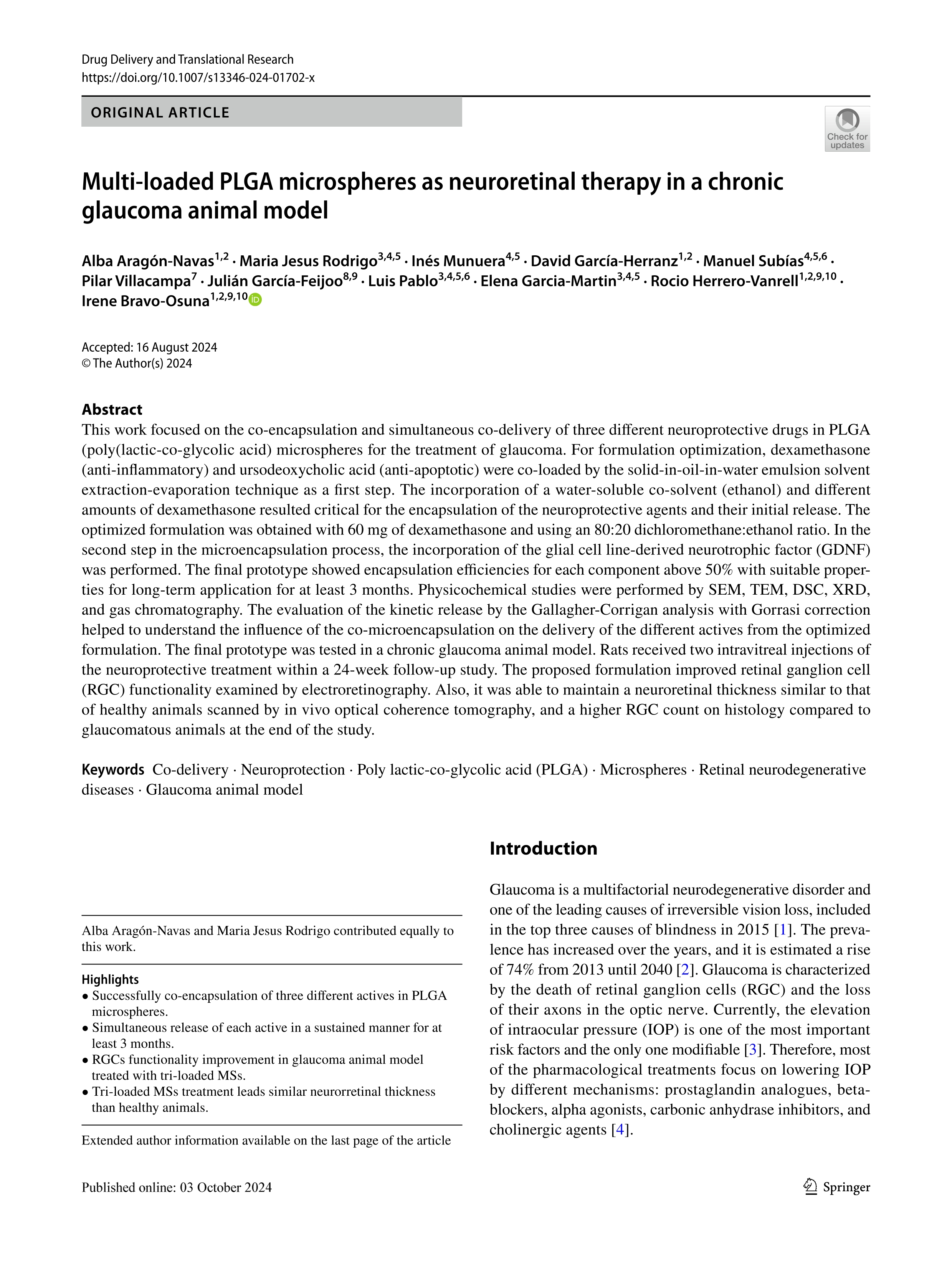 Multi-loaded PLGA microspheres as neuroretinal therapy in a chronic glaucoma animal model