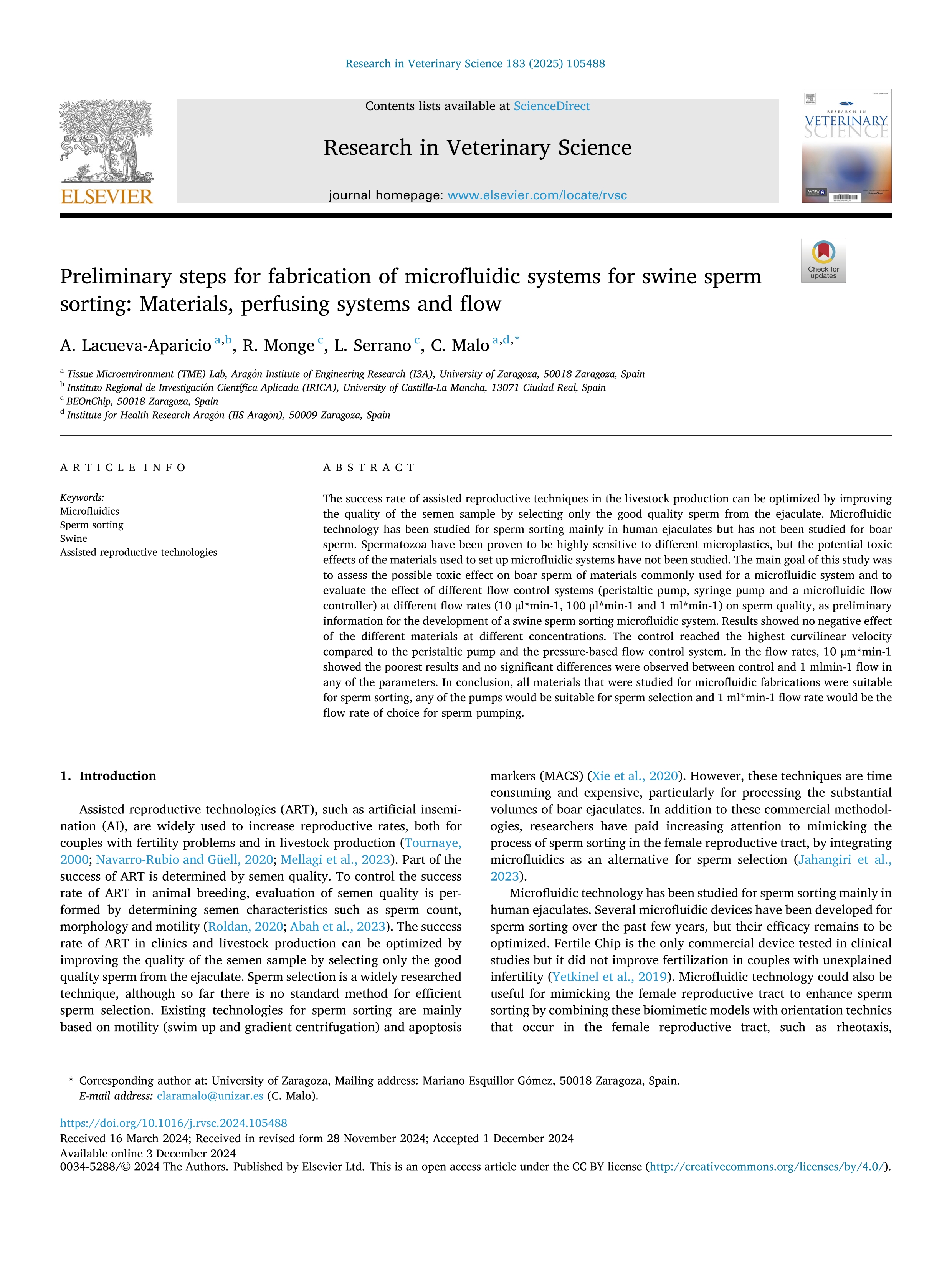 Preliminary steps for fabrication of microfluidic systems for swine sperm sorting: Materials, perfusing systems and flow