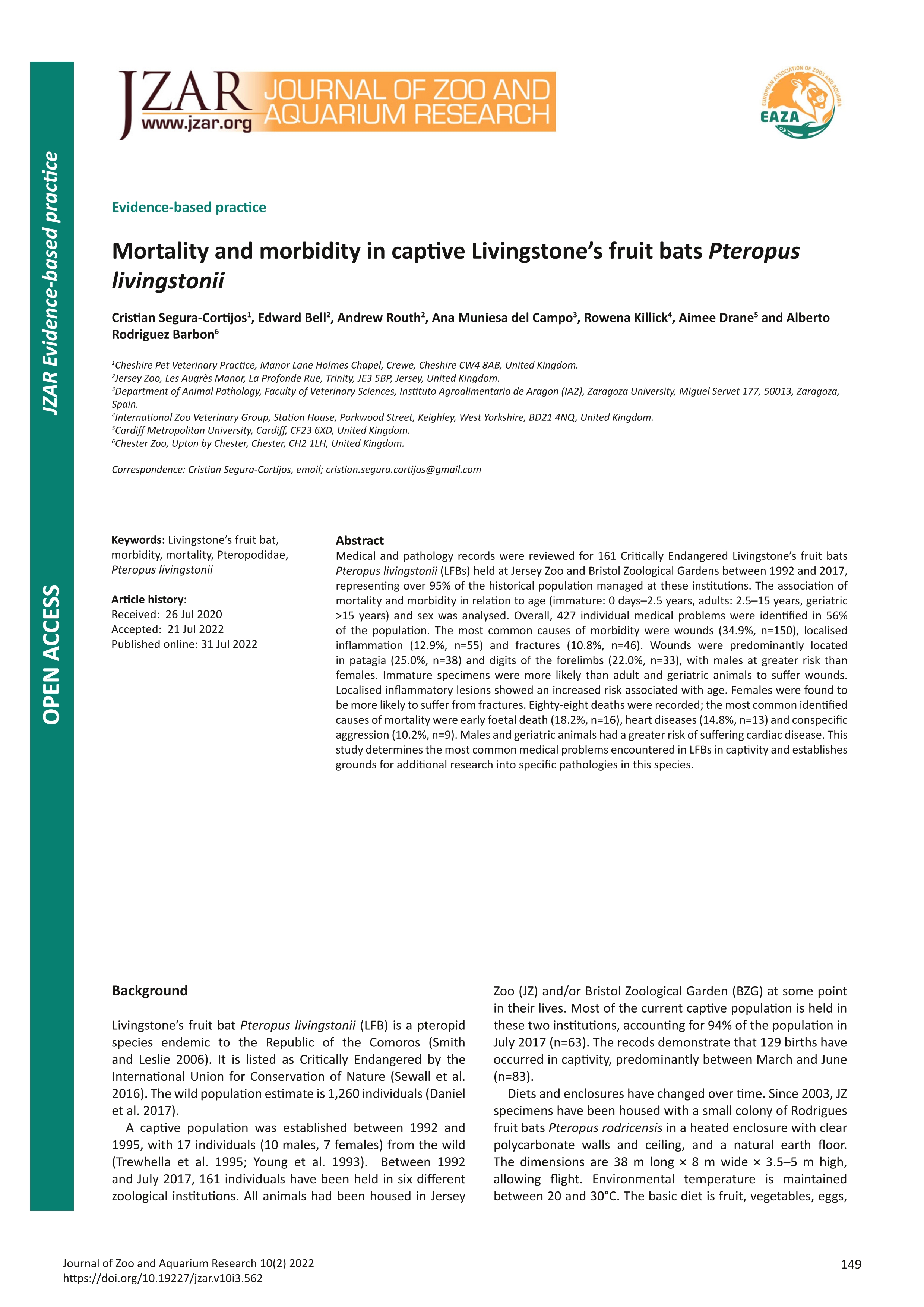 Mortality and morbidity in captive Livingstone’s fruit bats Pteropus livingstonii