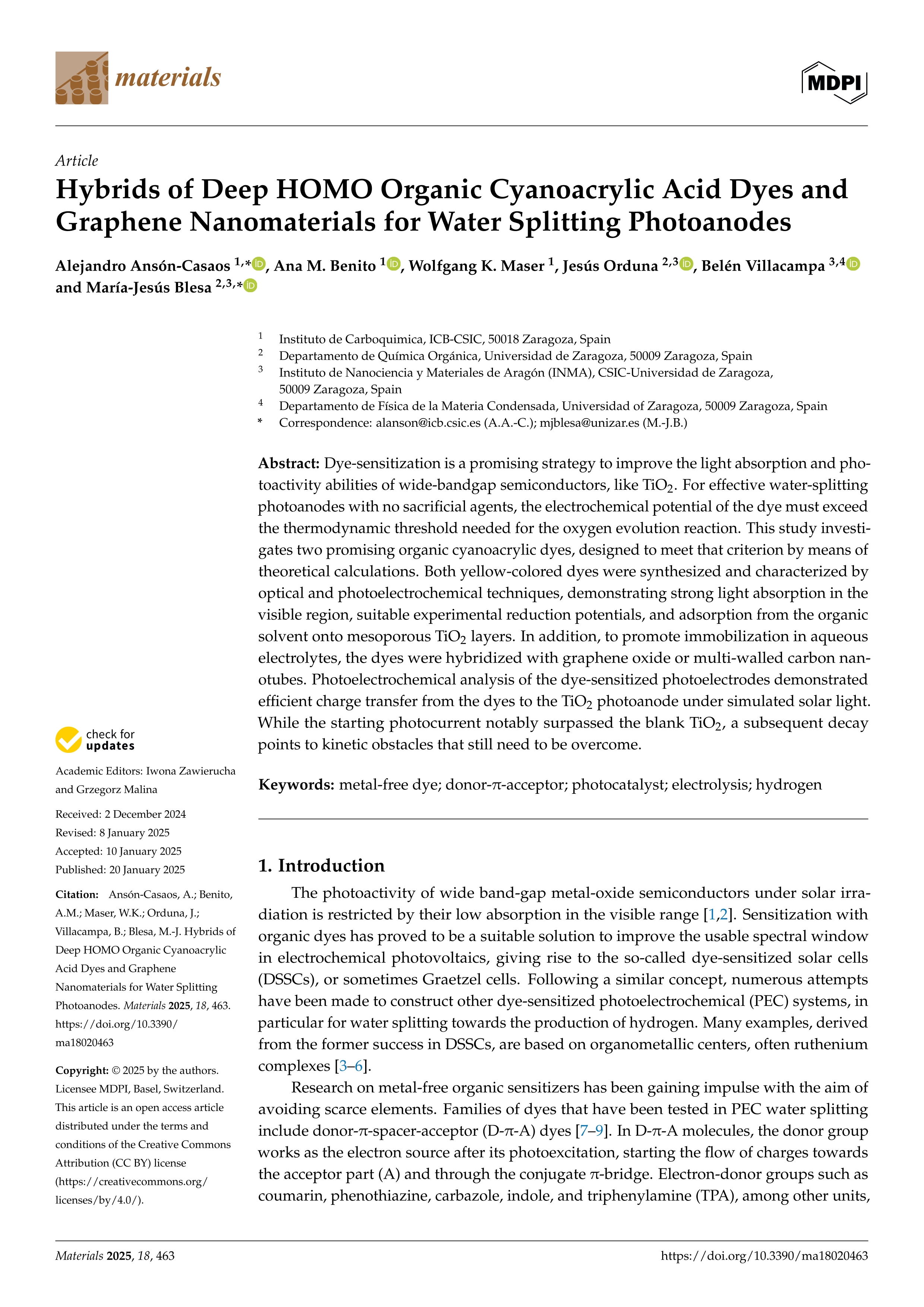 Hybrids of Deep HOMO Organic Cyanoacrylic Acid Dyes and Graphene Nanomaterials for Water Splitting Photoanodes