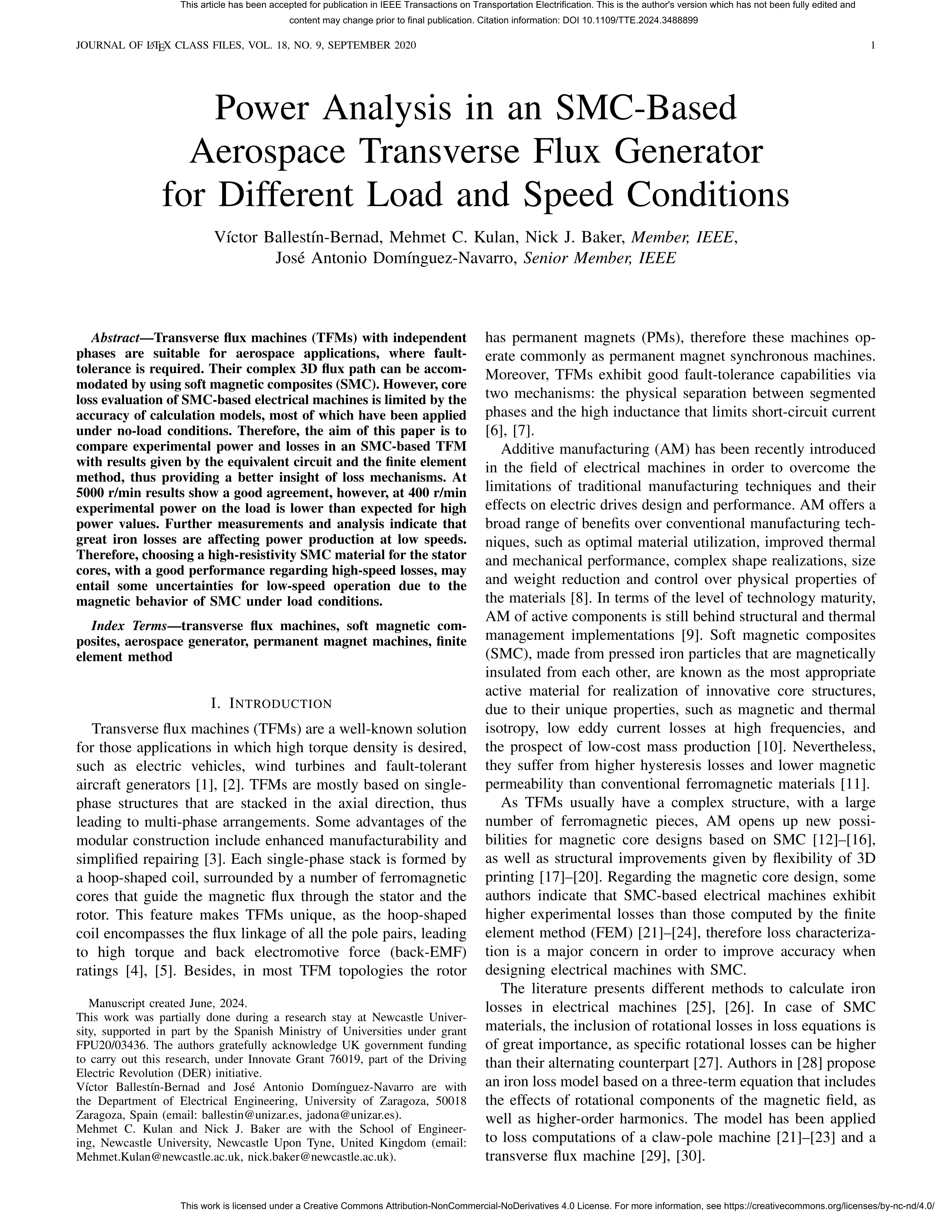 Power Analysis in an SMC-Based Aerospace Transverse Flux Generator for Different Load and Speed Conditions
