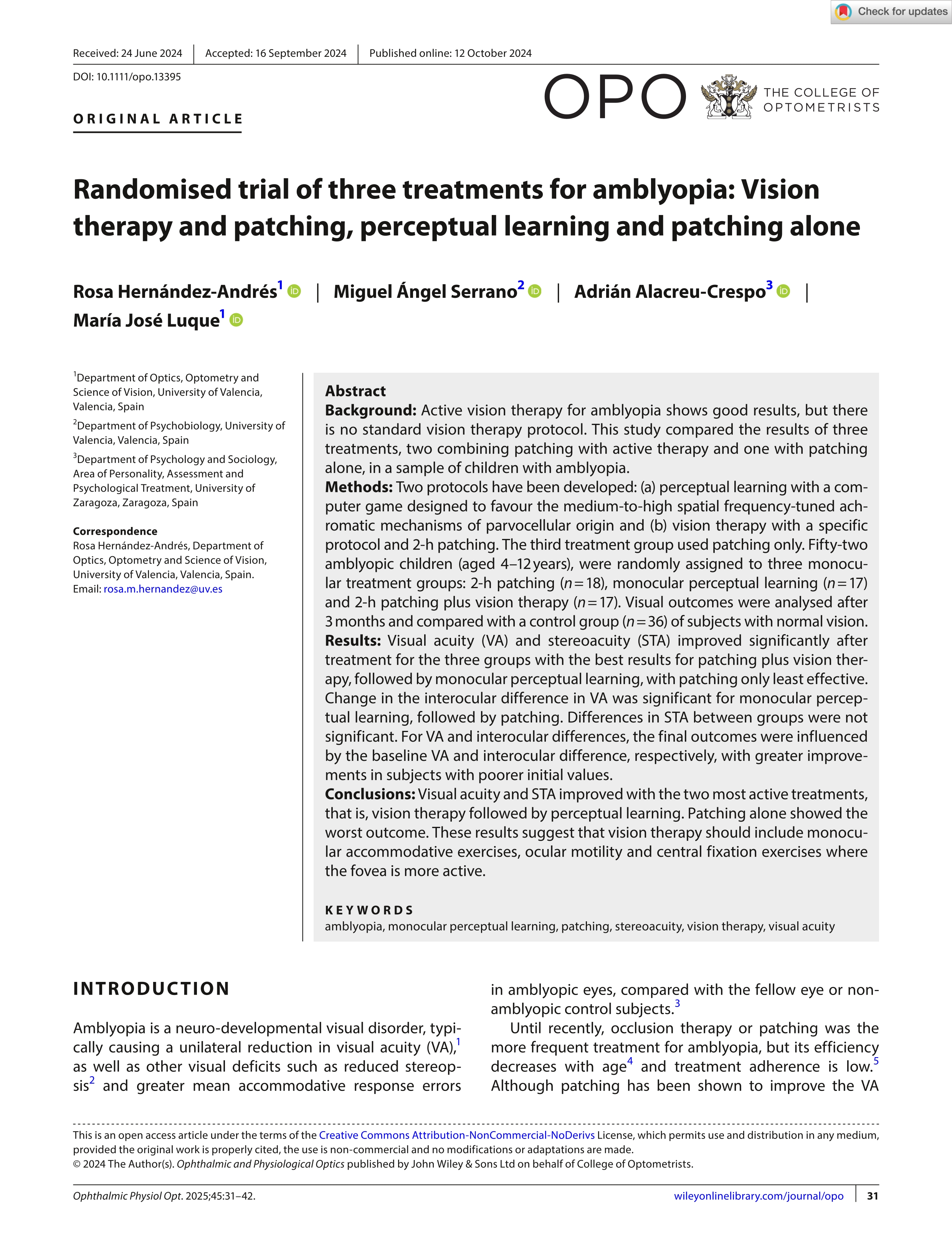 Randomised trial of three treatments for amblyopia: Vision therapy and patching, perceptual learning and patching alone