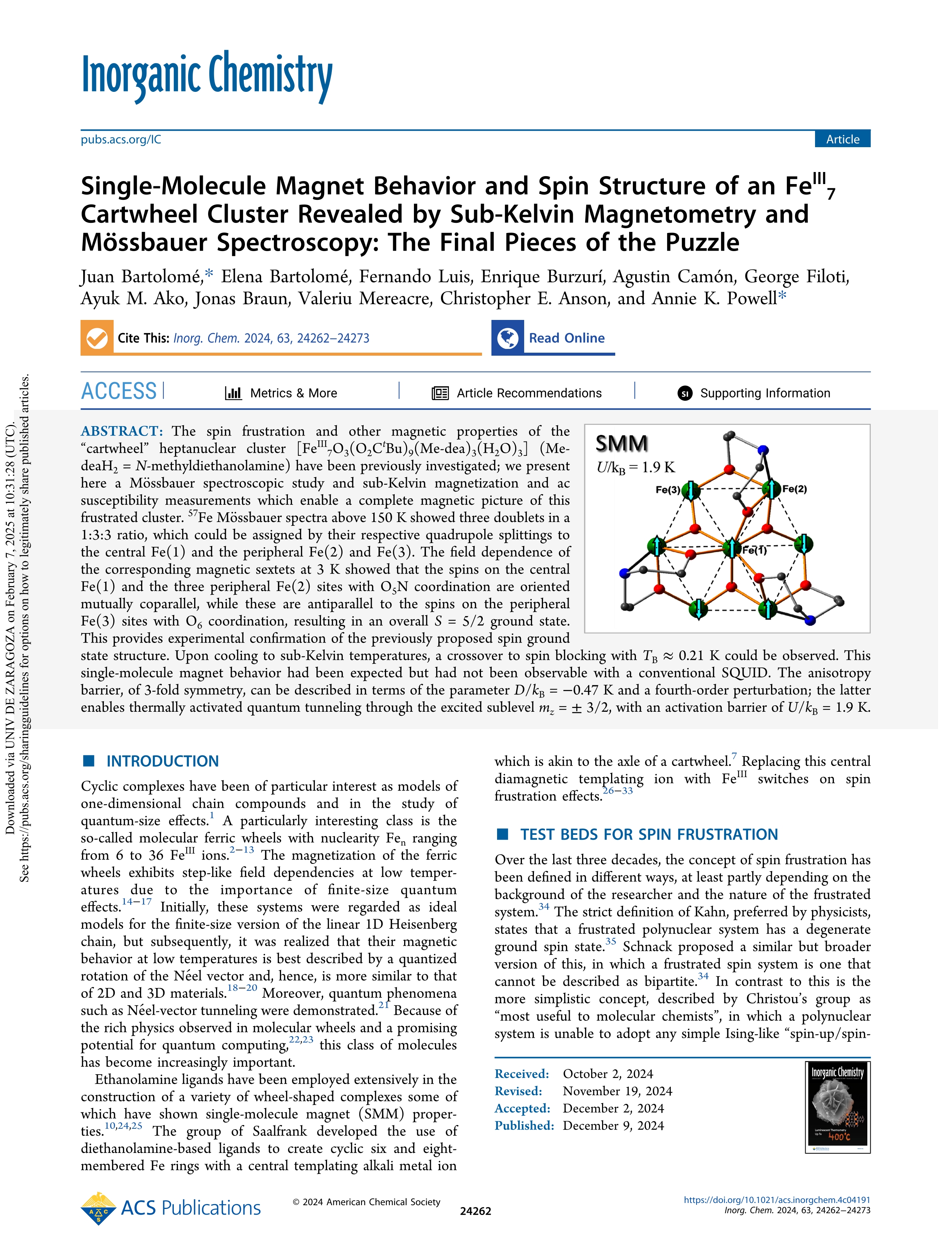 Single-Molecule Magnet Behavior and Spin Structure of an Fe<sup>III</sup><sub>7</sub> Cartwheel Cluster Revealed by Sub-Kelvin Magnetometry and Mössbauer Spectroscopy: The Final Pieces of the Puzzle