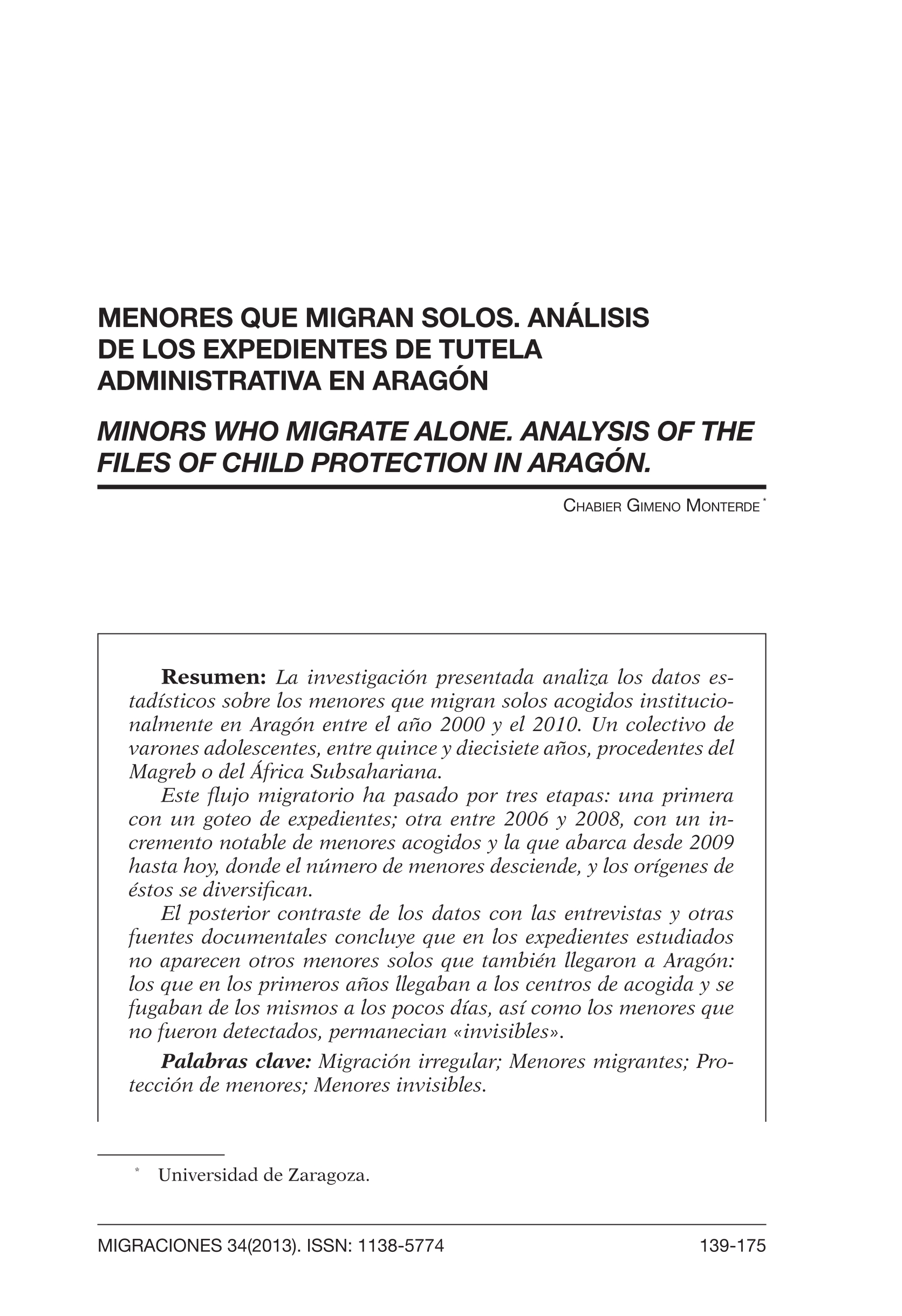 Menores que migran solos. Análisis de los expedientes de tutela administrativa en Aragón
