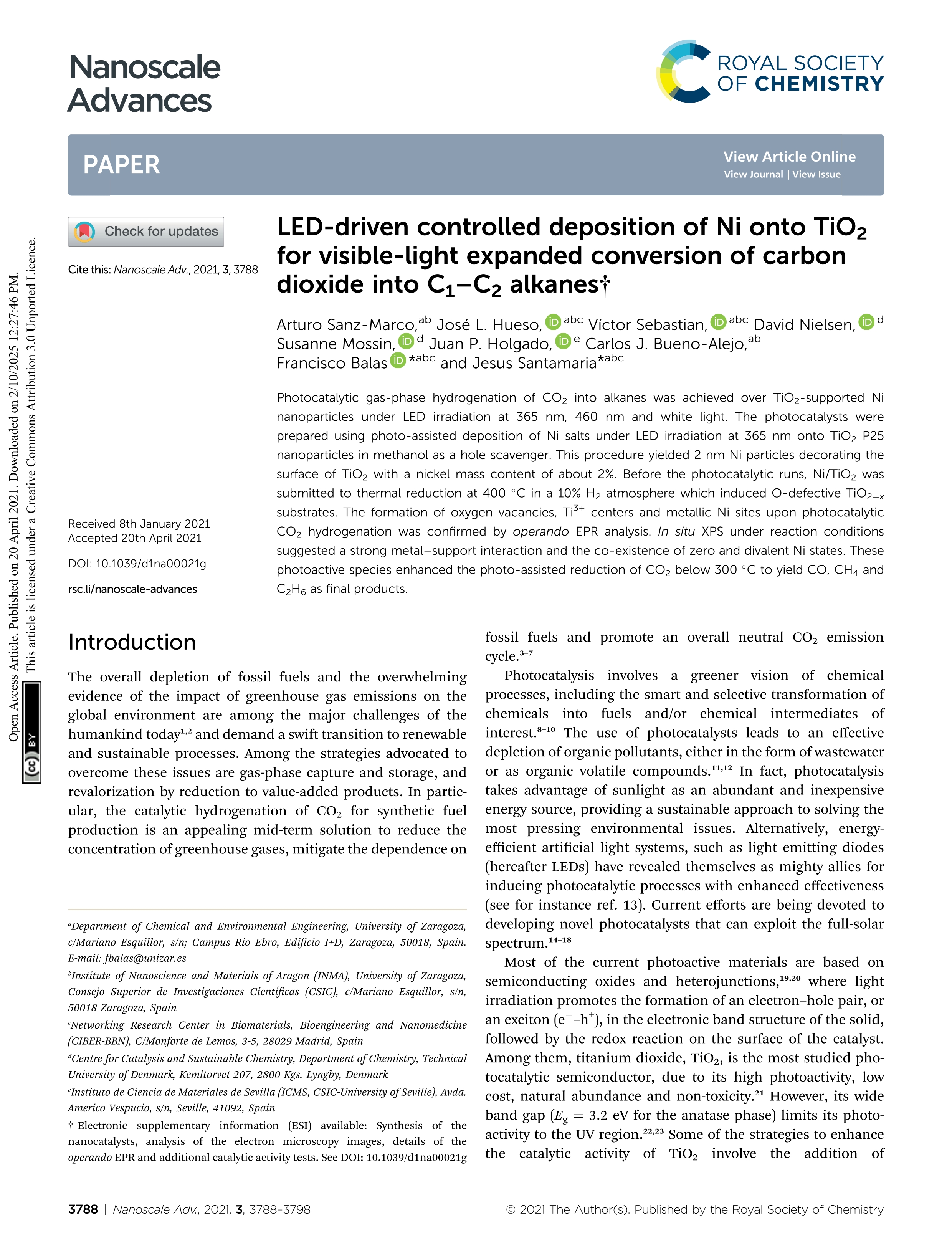 LED-driven controlled deposition of Ni onto TiO2 for visible-light expanded conversion of carbon dioxide into C1-C2 alkanes