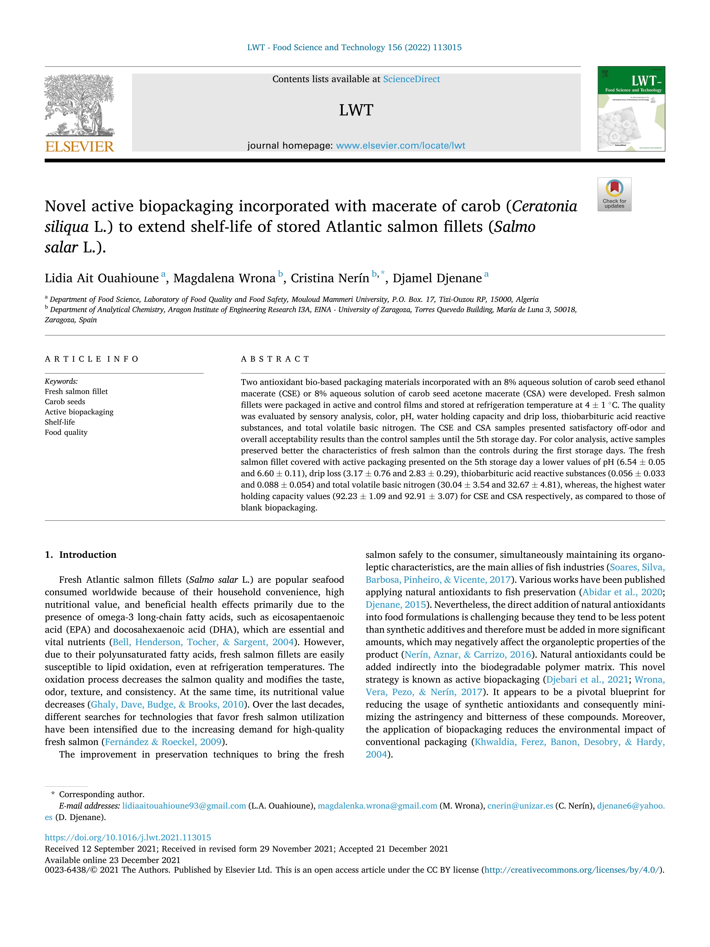 Novel active biopackaging incorporated with macerate of carob (Ceratonia siliqua L.) to extend shelf-life of stored Atlantic salmon fillets (Salmo salar L.)