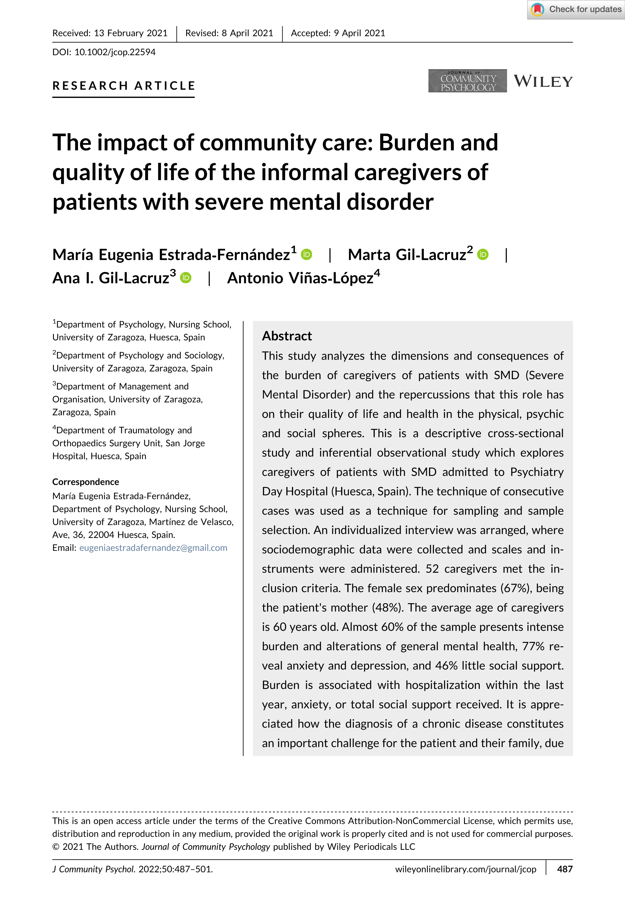 The impact of community care: Burden and quality of life of the informal caregivers of patients with severe mental disorder