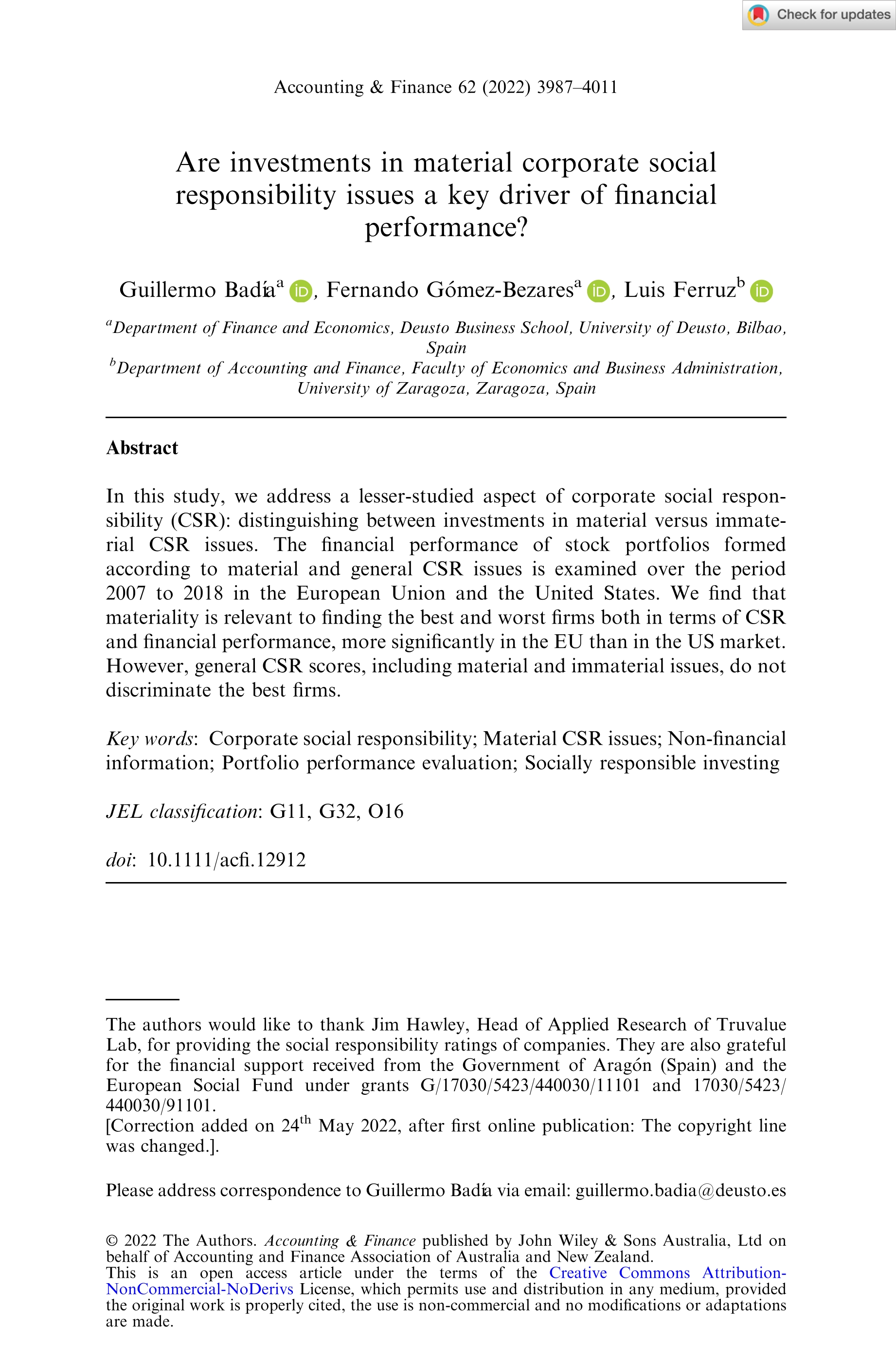 Are investments in material corporate social responsibility issues a key driver of financial performance?