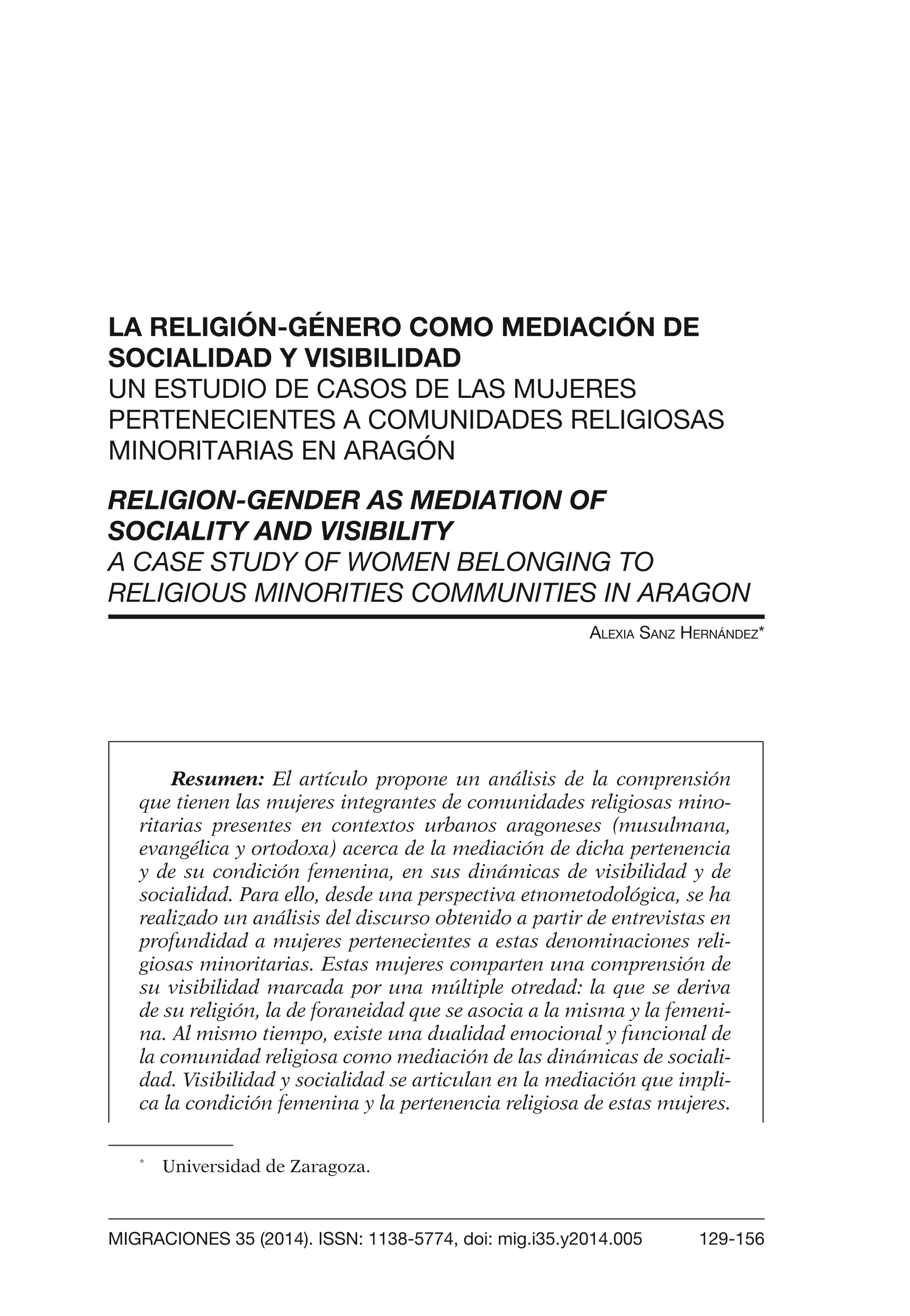 La religión-género como mediación de socialidad y visibilidad. Un estudio de casos de las mujeres pertenecientes a comunidades religiosas minoritarias en Aragón