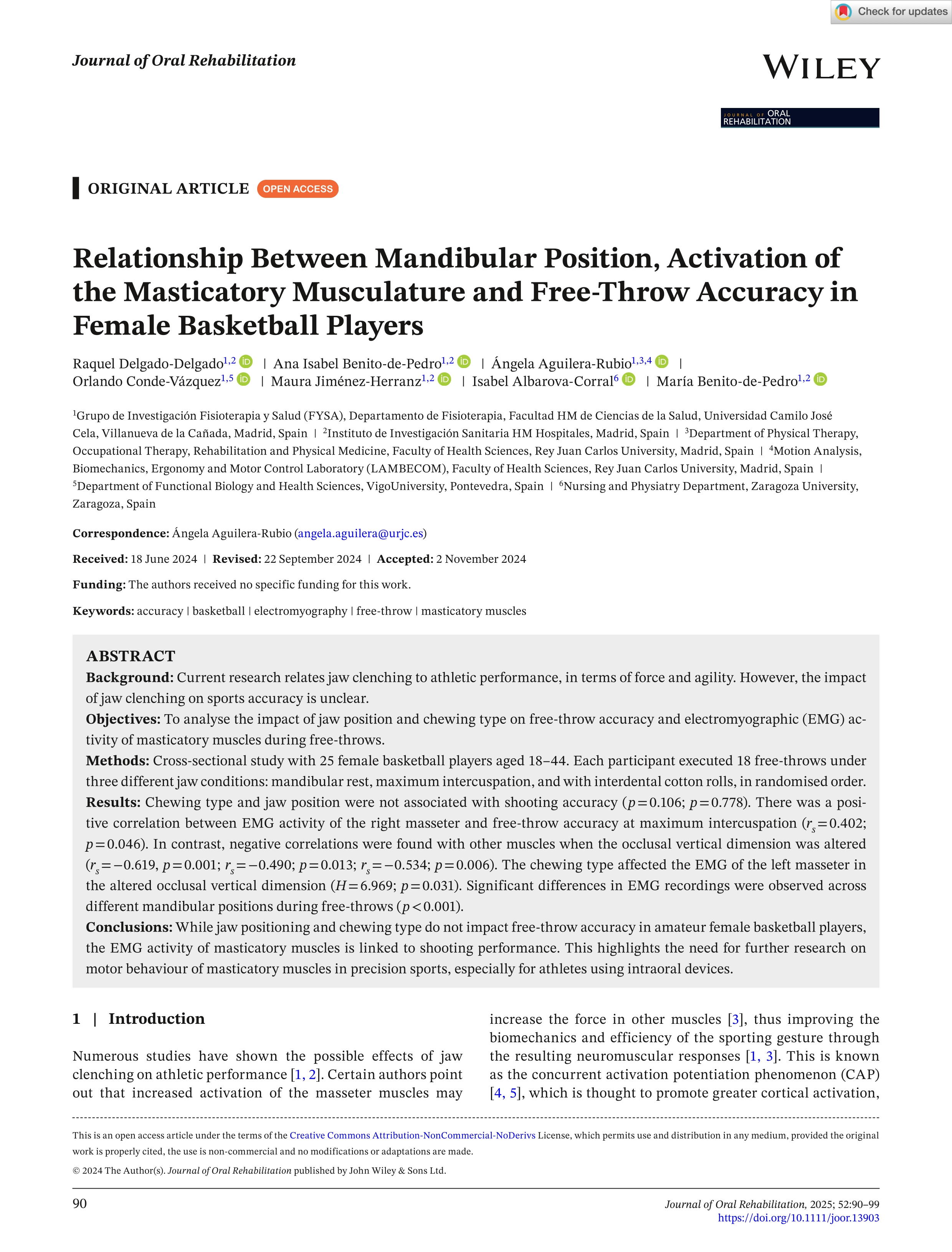 Relationship between mandibular position, activation of the masticatory musculature and free-throw accuracy in female basketball players
