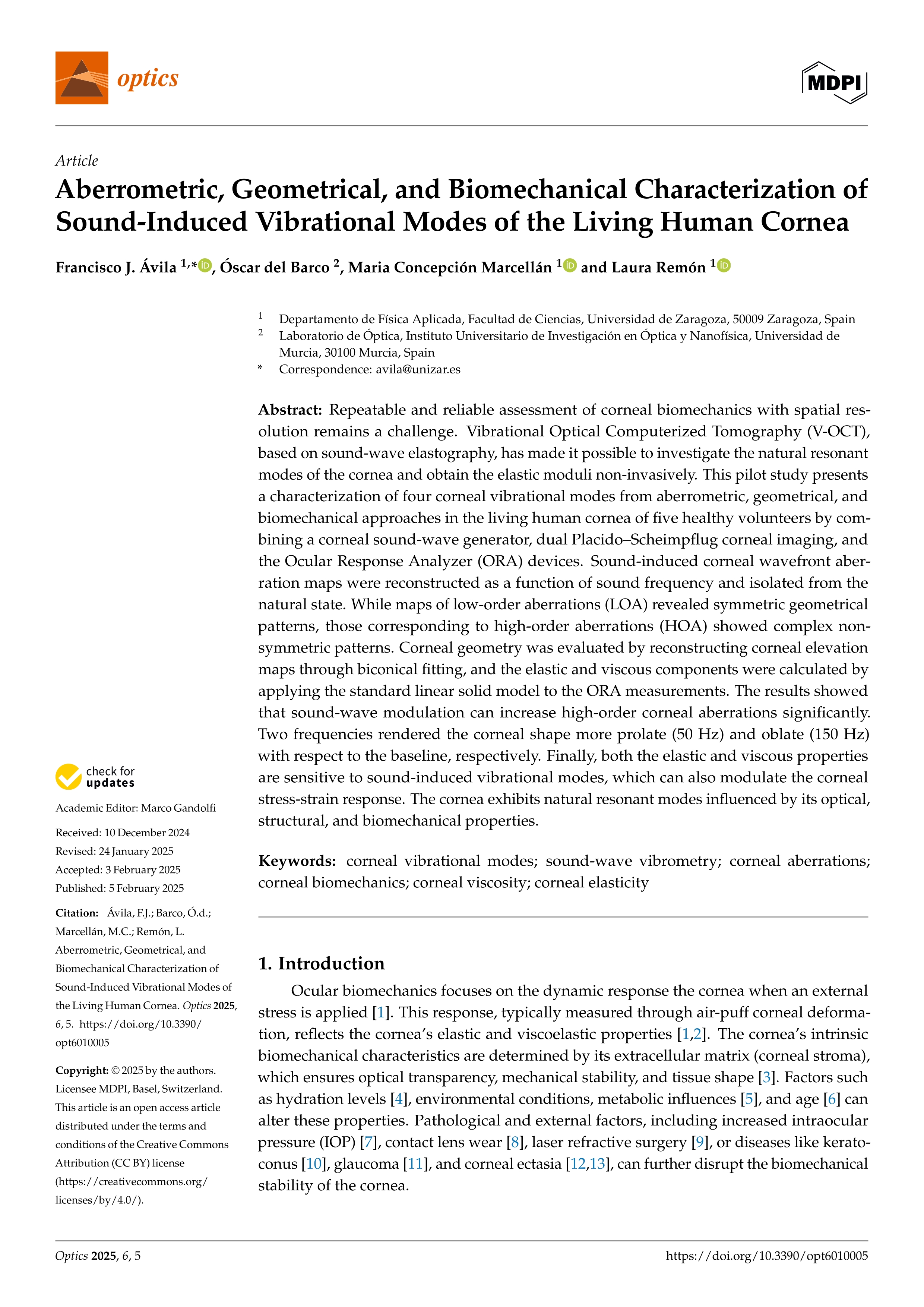 Aberrometric, Geometrical, and Biomechanical Characterization of Sound-Induced Vibrational Modes of the Living Human Cornea