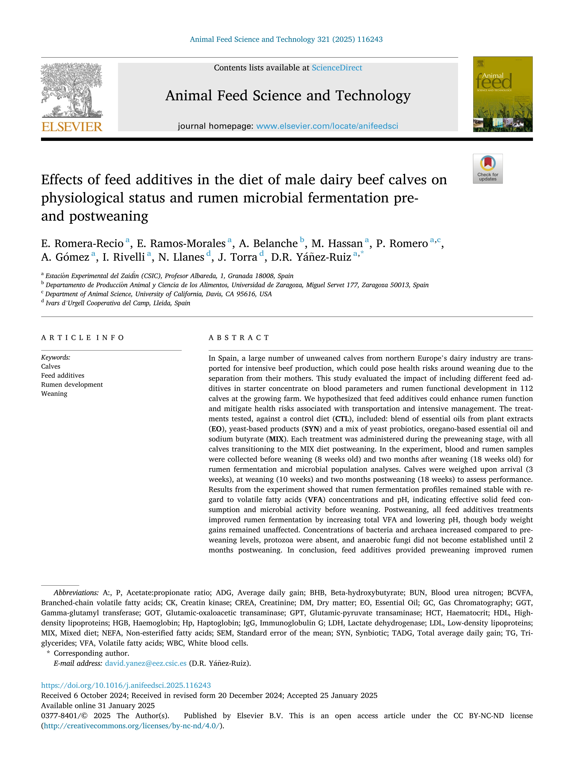 Effects of feed additives in the diet of male dairy beef calves on physiological status and rumen microbial fermentation pre- and postweaning