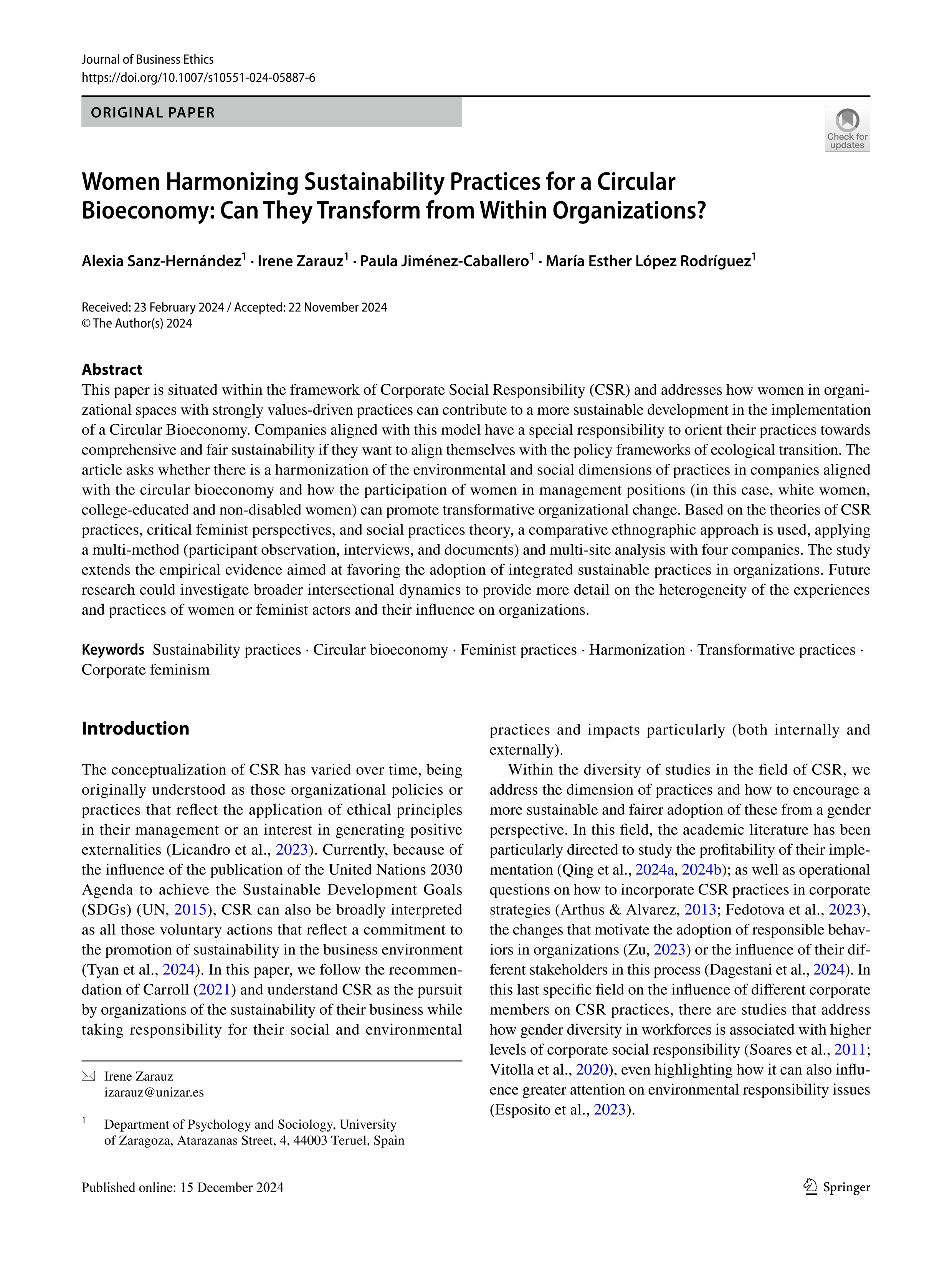 Women Harmonizing Sustainability Practices for a Circular Bioeconomy: Can They Transform from Within Organizations?