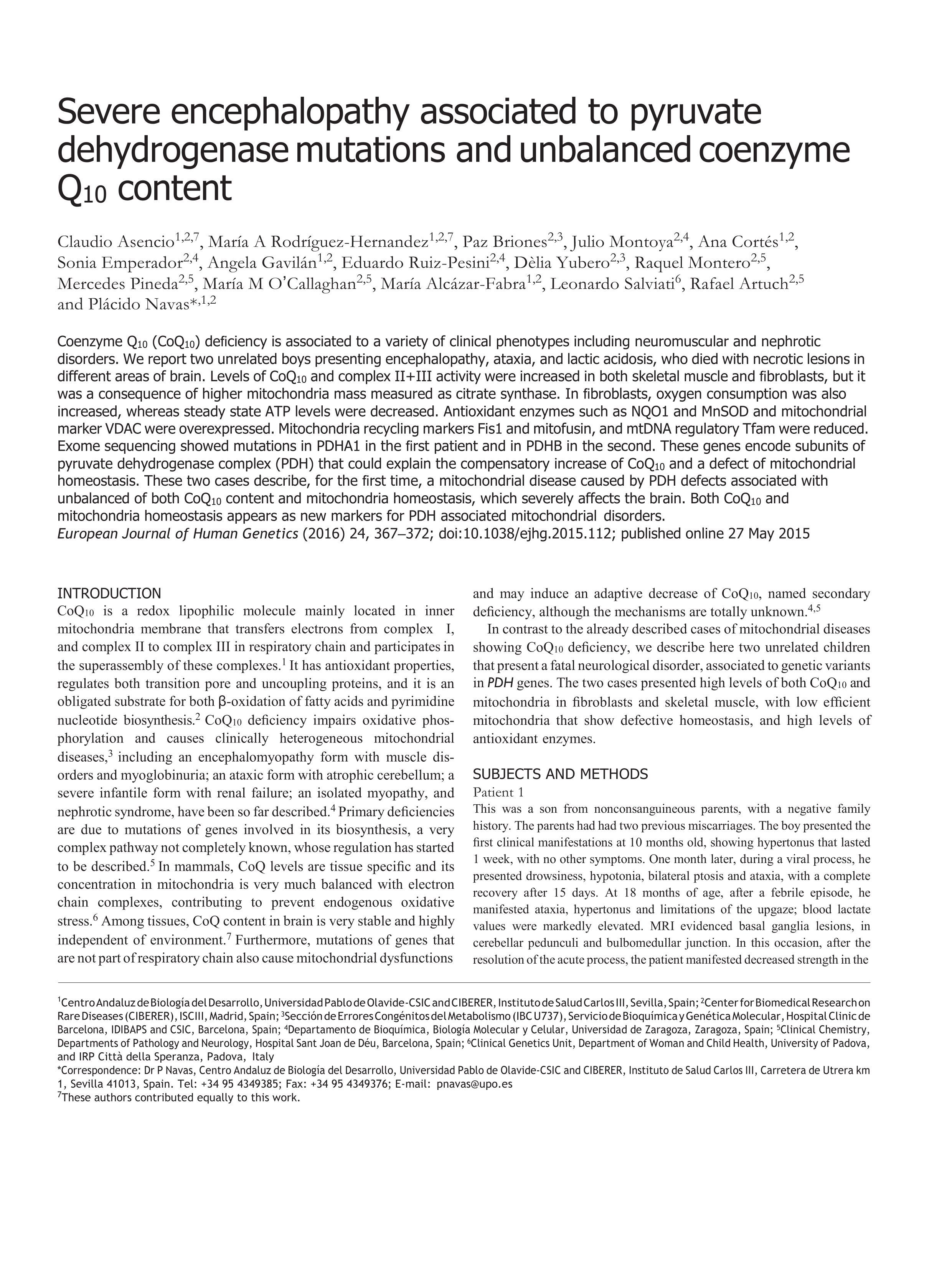 Severe encephalopathy associated to pyruvate dehydrogenase mutations and unbalanced coenzyme Q 10 content