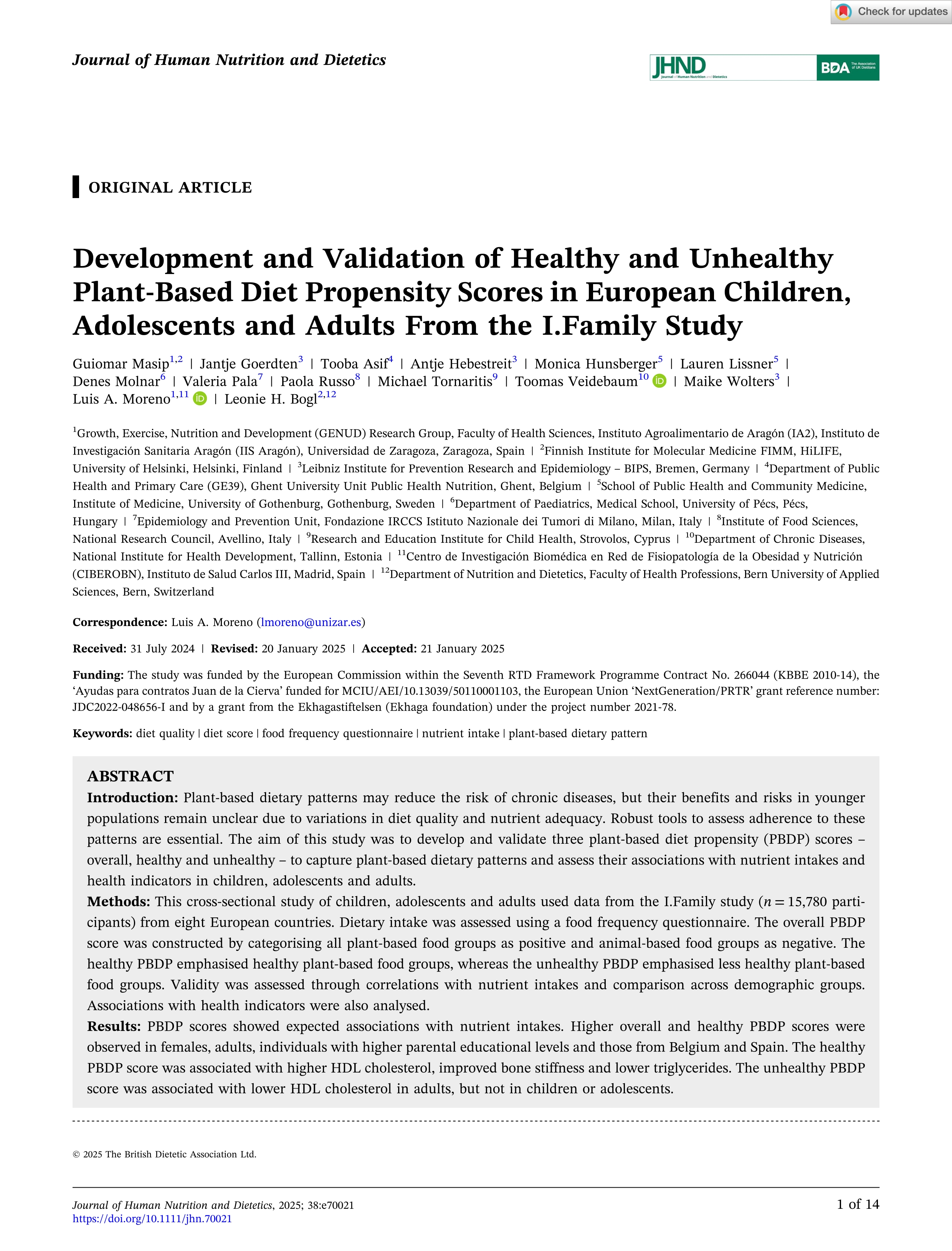 Development and Validation of Healthy and Unhealthy Plant-Based Diet Propensity Scores in European Children, Adolescents and Adults From the I.Family Study