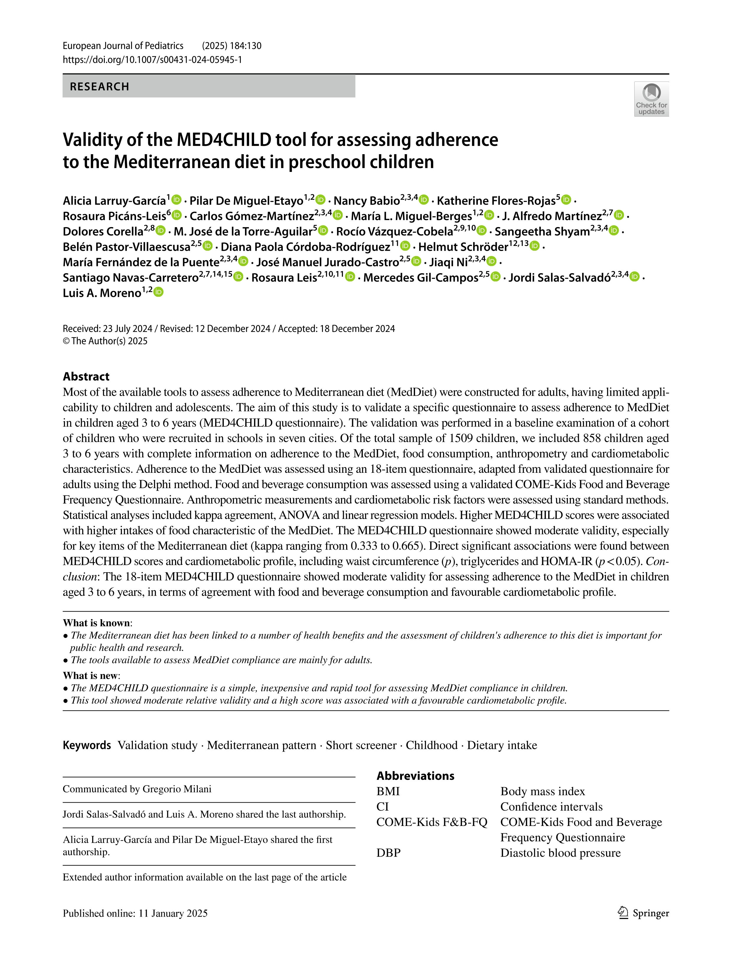 Validity of the MED4CHILD tool for assessing adherence to the Mediterranean diet in preschool children