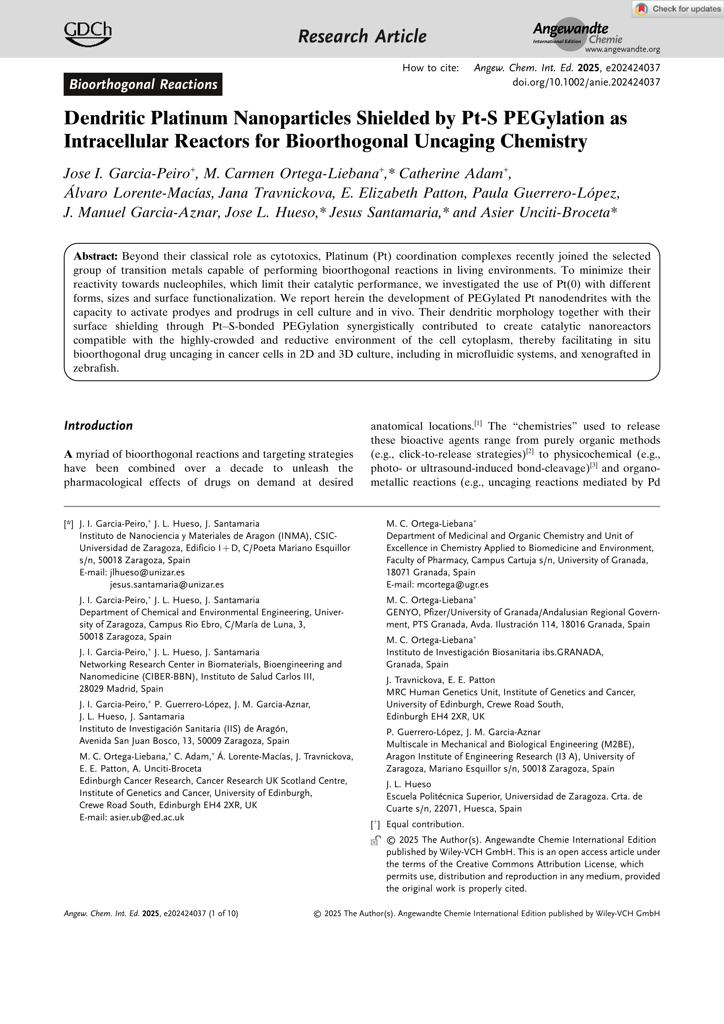 Dendritic platinum nanoparticles shielded by Pt-S PEGylation as intracellular reactors for bioorthogonal uncaging Chemistry