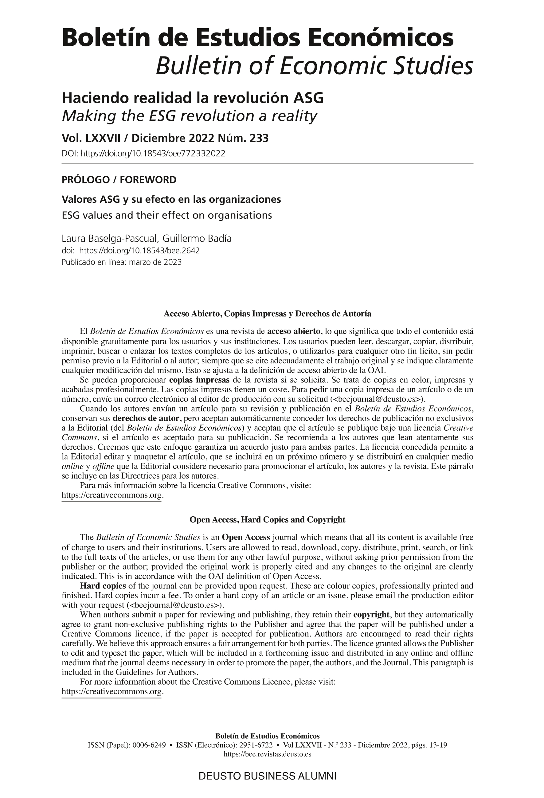 Valores ASG y su efecto en las organizaciones / ESG values and their effect on organisations