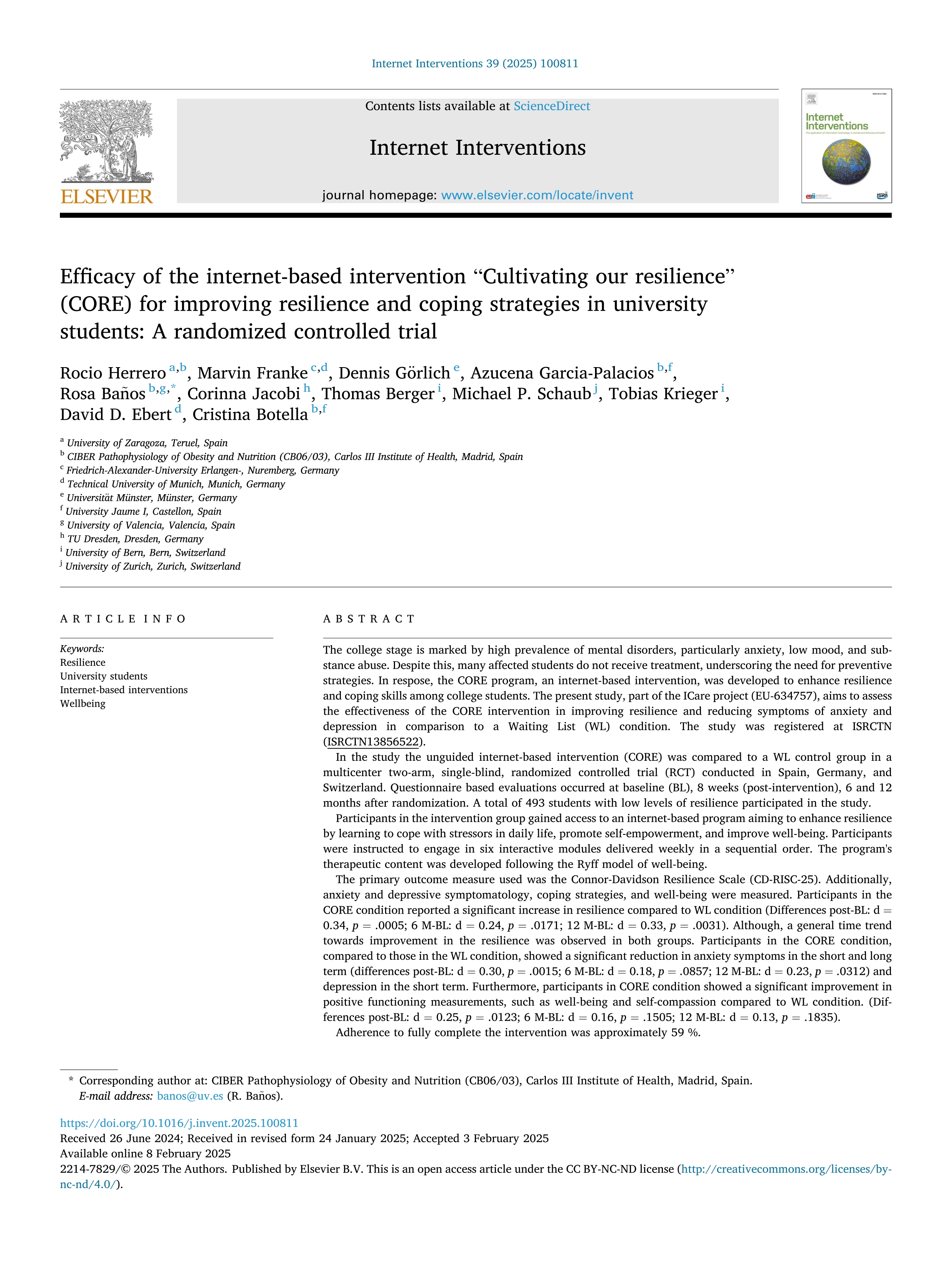 Efficacy of the internet-based intervention “Cultivating our resilience” (CORE) for improving resilience and coping strategies in university students: A randomized controlled trial