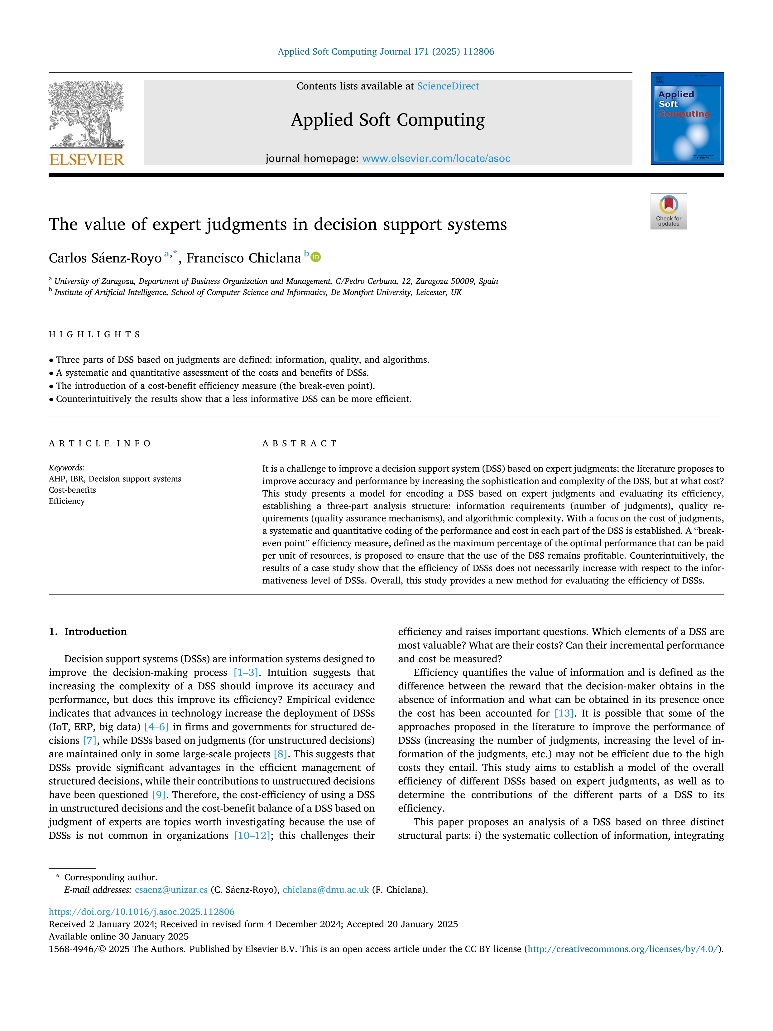 The value of expert judgments in decision support systems