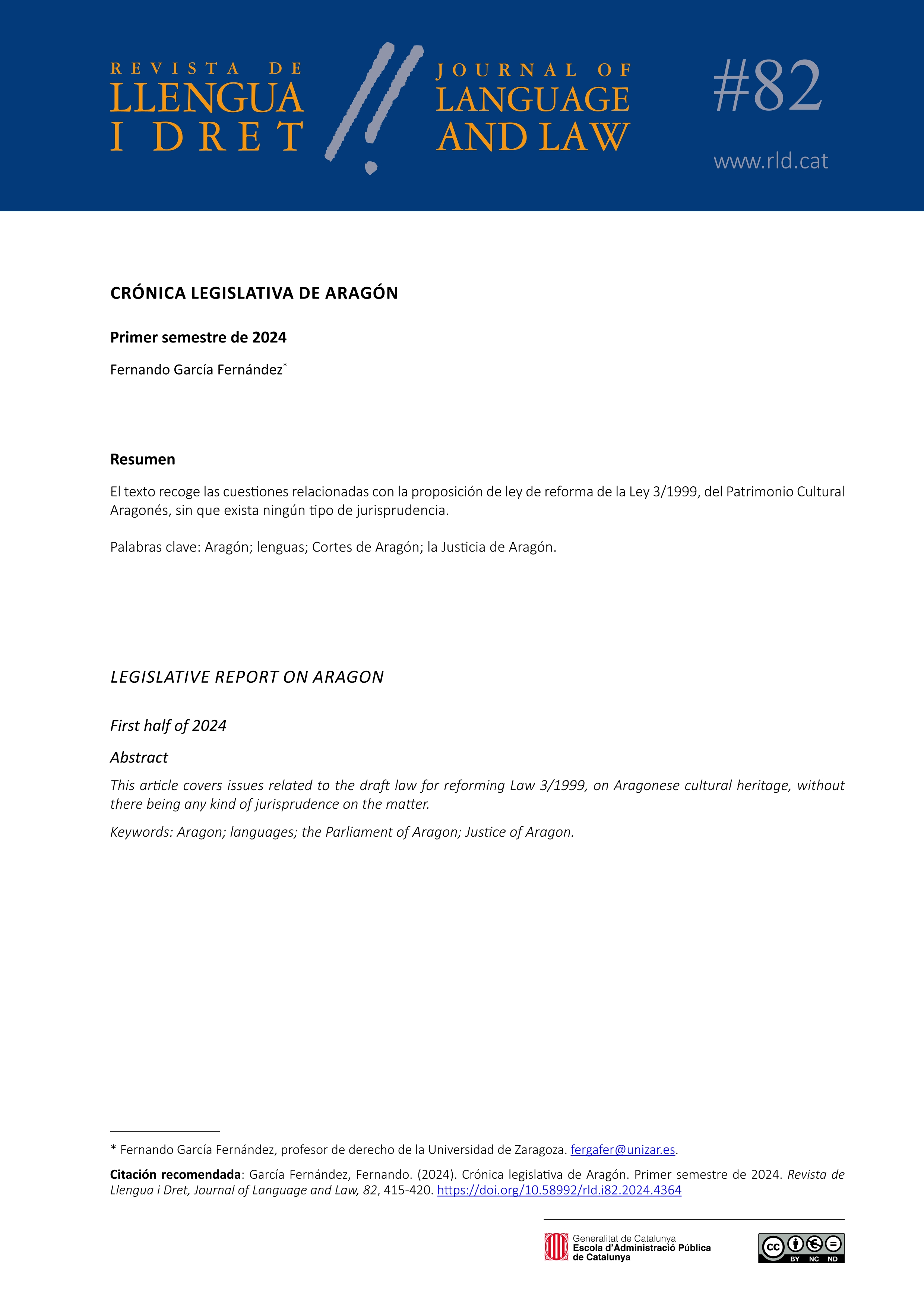 Crónica legislativa de Aragón. Primer semestre de 2024