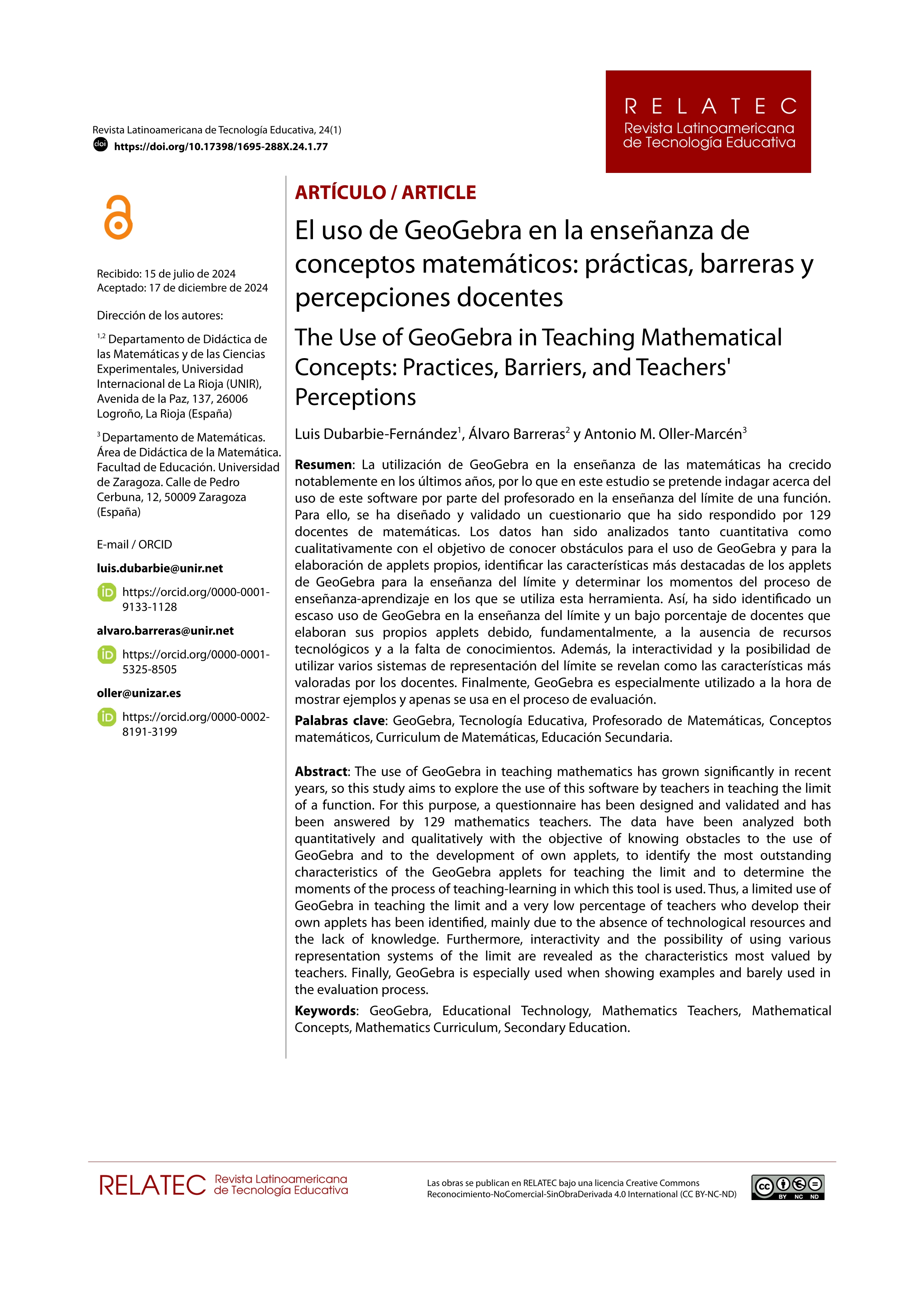 El uso de GeoGebra en la enseñanza de conceptos matemáticos: prácticas, barreras y percepciones docentes