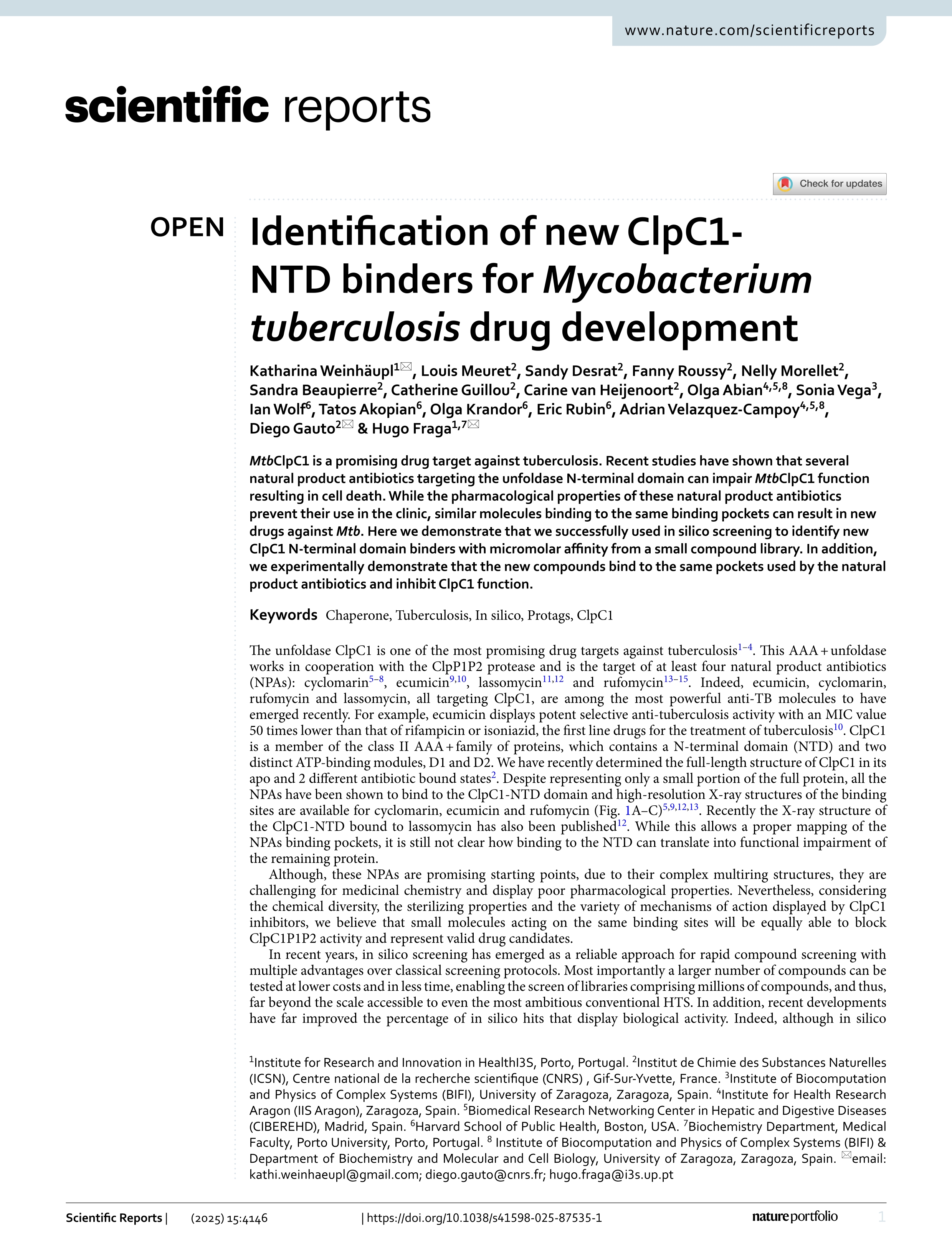 Identification of new ClpC1-NTD binders for Mycobacterium tuberculosis drug development