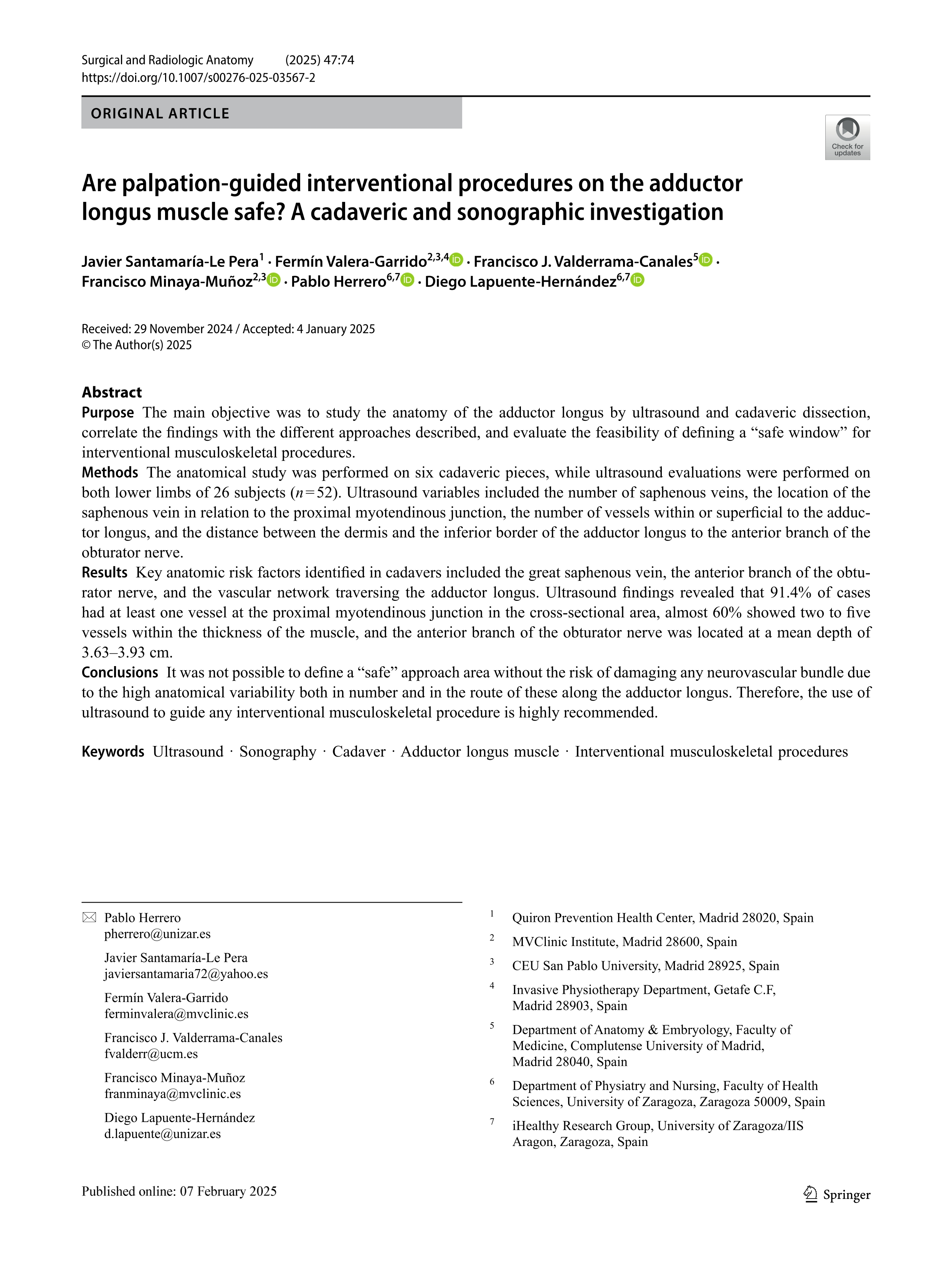 Are palpation-guided interventional procedures on the adductor longus muscle safe? A cadaveric and sonographic investigation