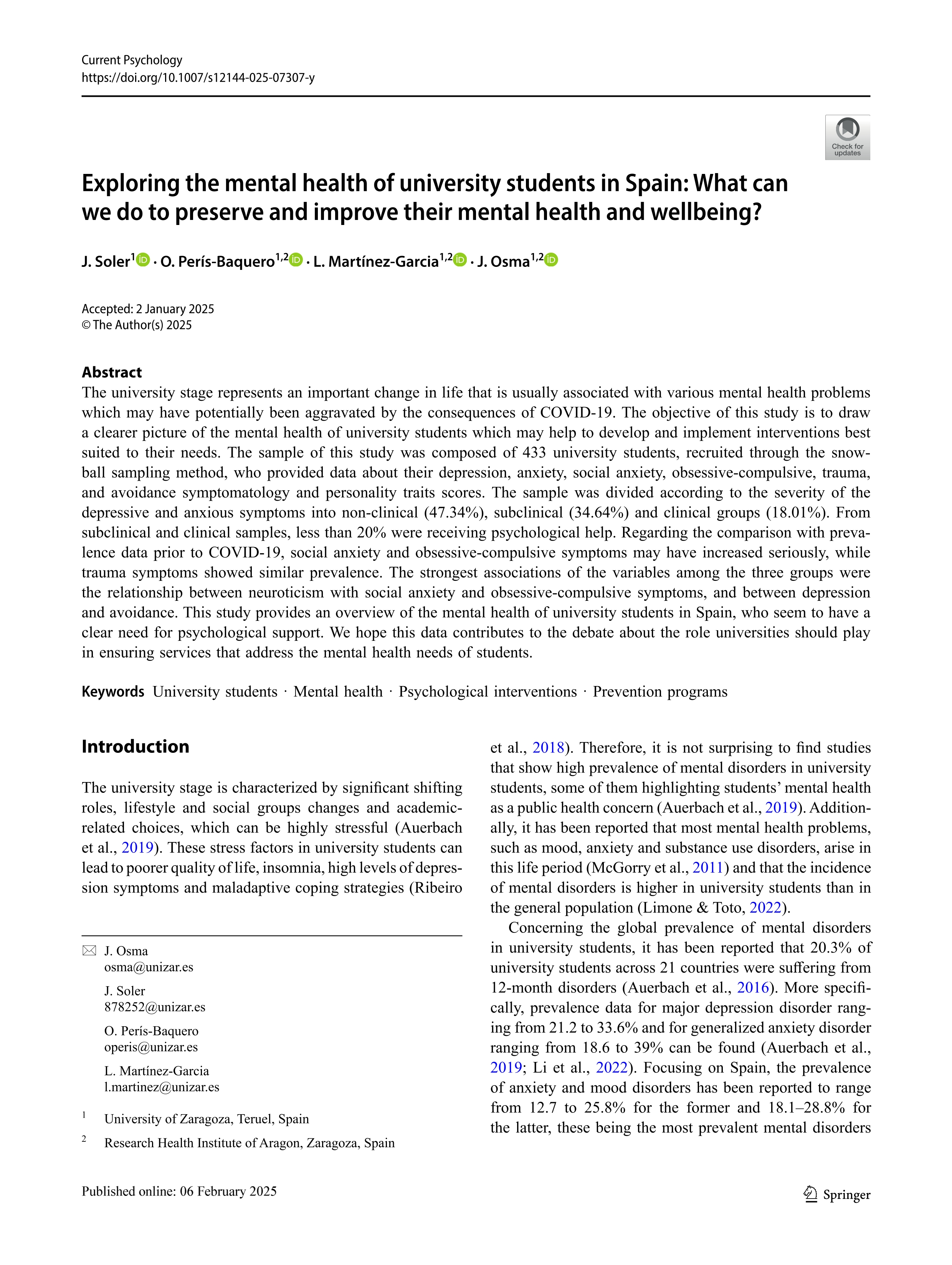 Exploring the mental health of university students in Spain: What can we do to preserve and improve their mental health and wellbeing?
