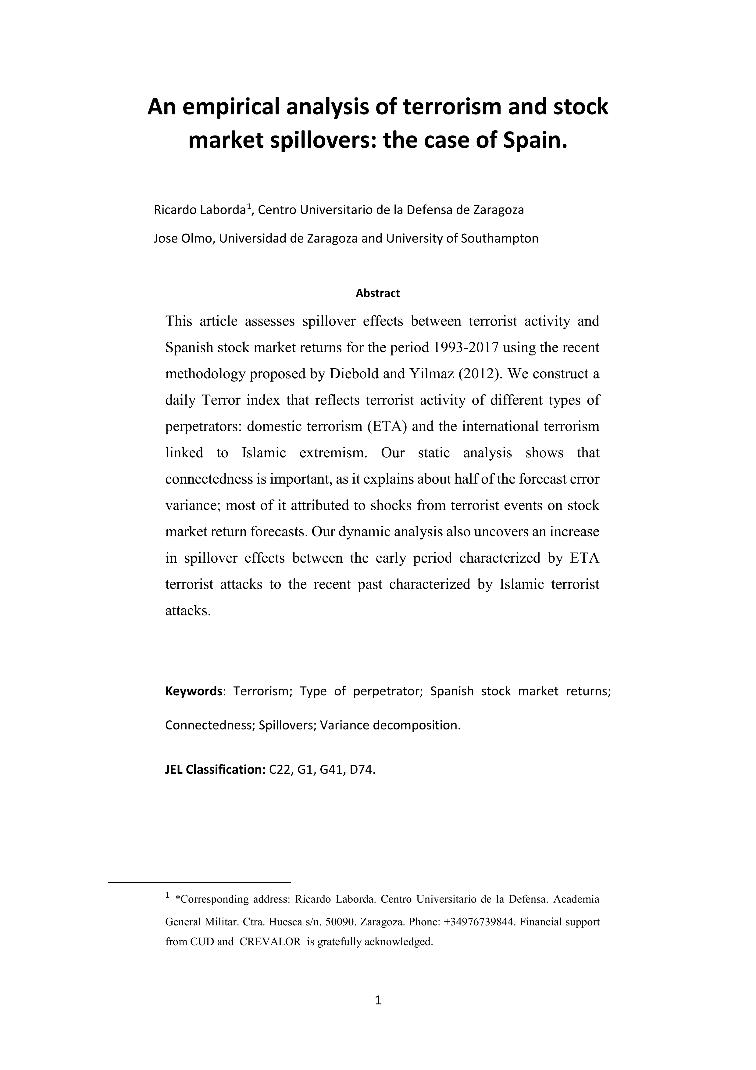 An Empirical Analysis of Terrorism and Stock Market Spillovers: The Case of Spain