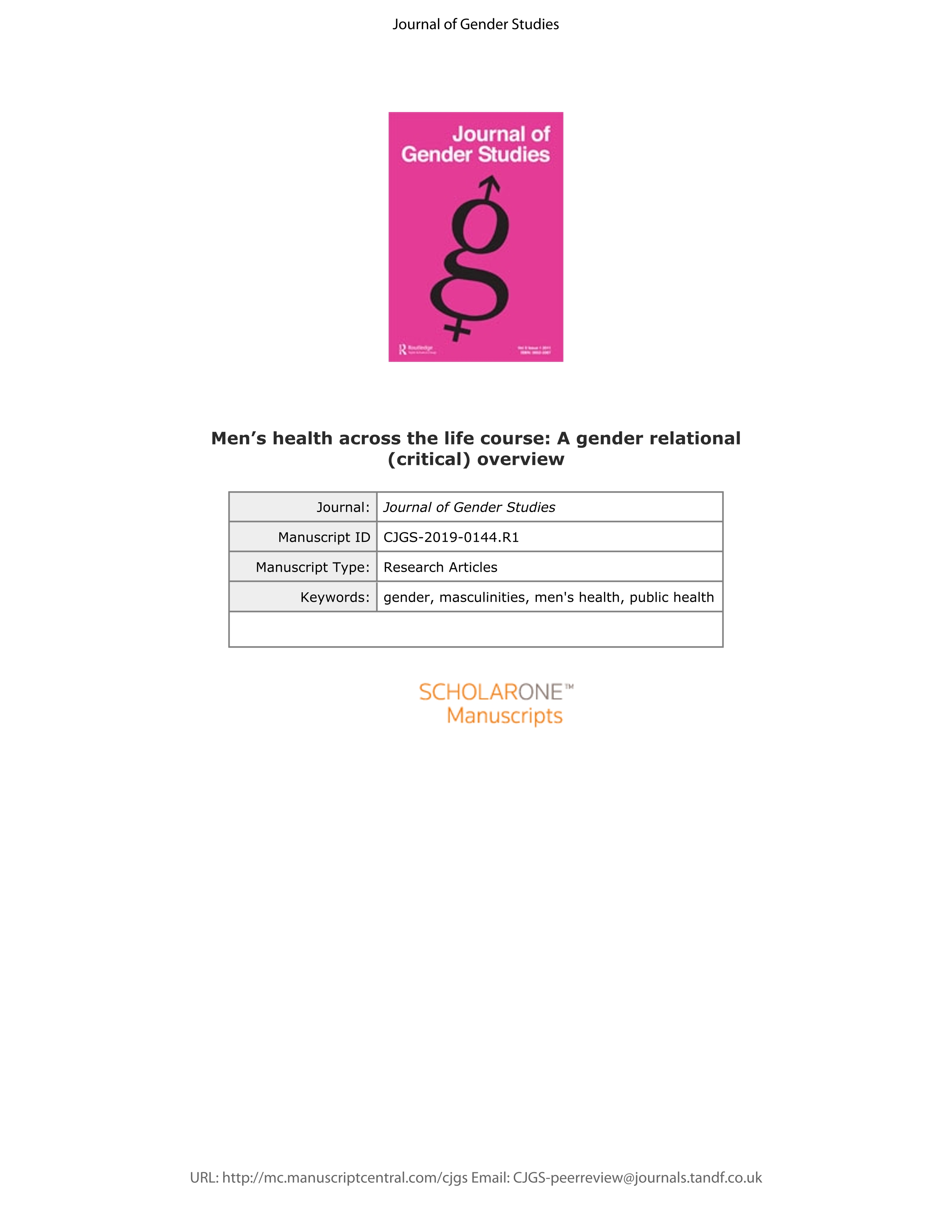 Men’s health across the life course: A gender relational (critical) overview.