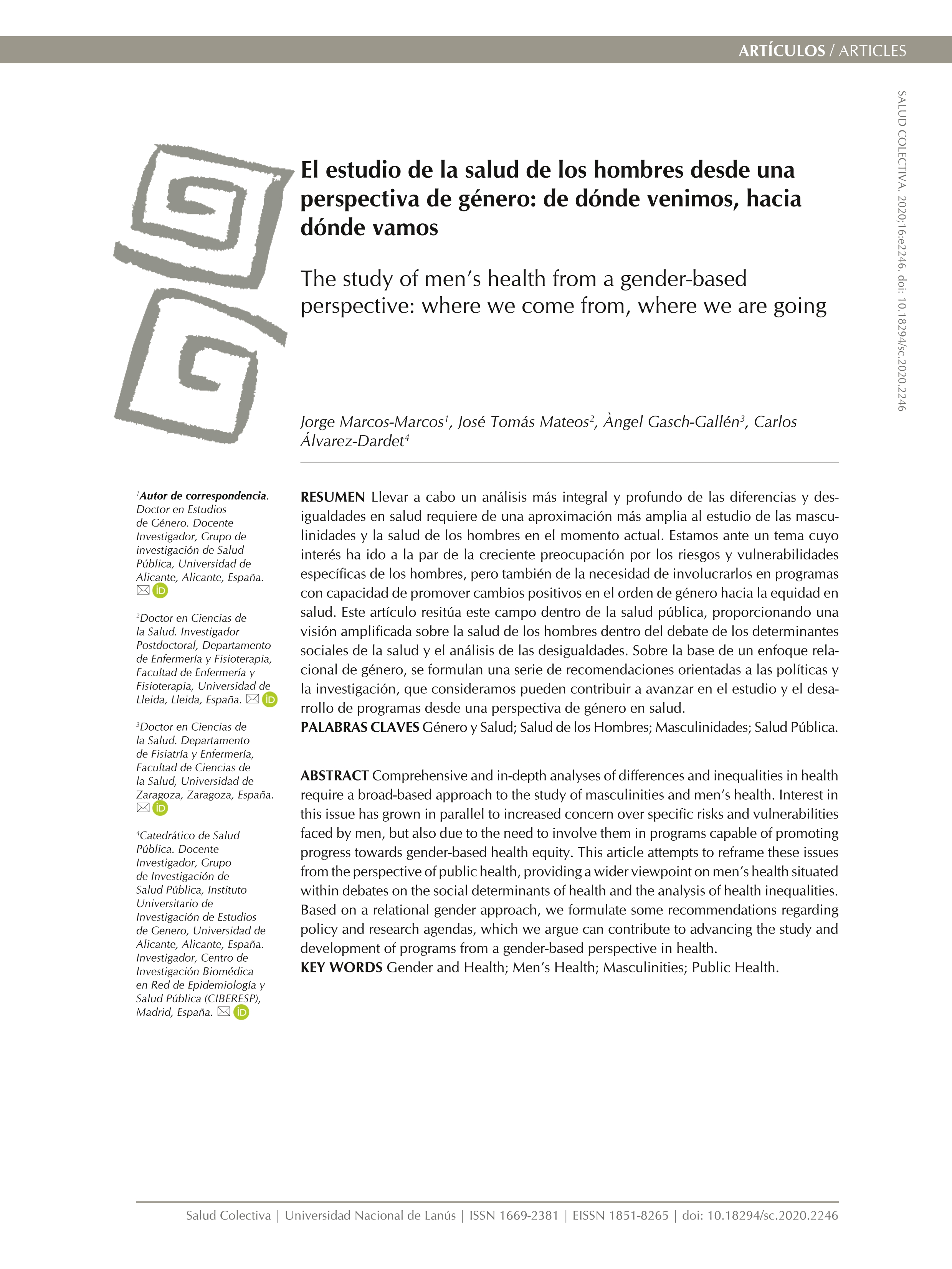 The study of men''s health from a gender-based perspective: where we come from, where we are going