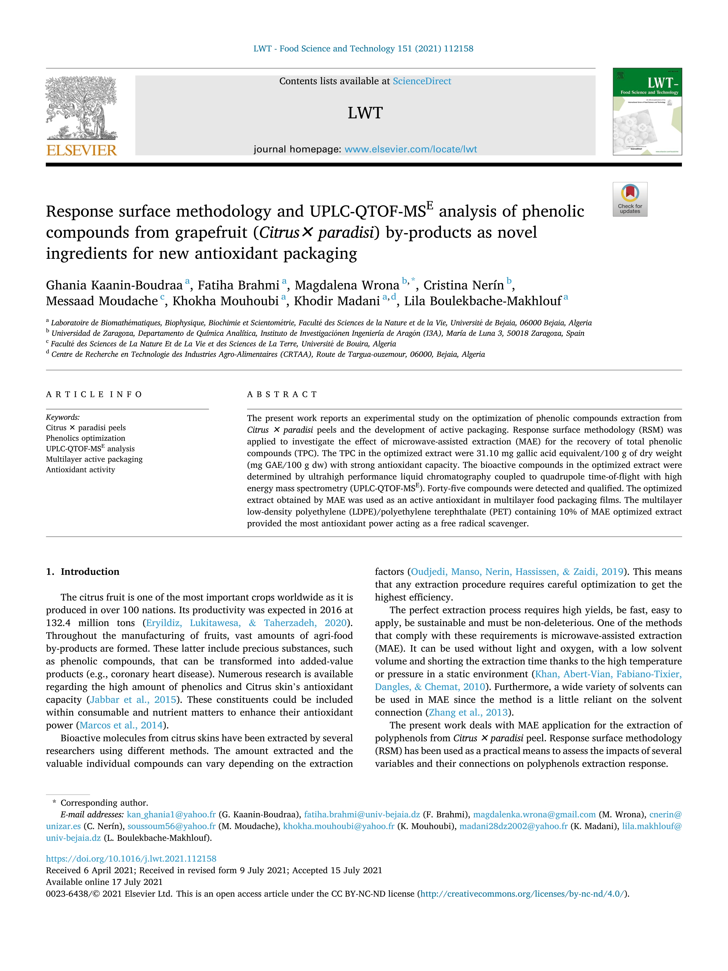 Response surface methodology and UPLC-QTOF-MSE analysis of phenolic compounds from grapefruit (Citrus¿ paradisi) by-products as novel ingredients for new antioxidant packaging